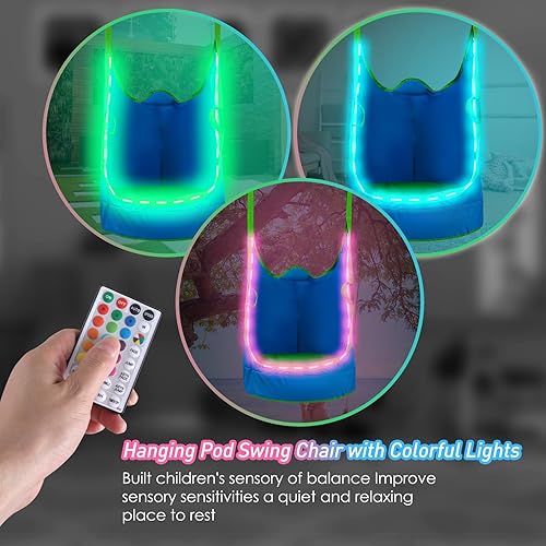 Miniatura 5 de Silla columpio mejorada para niños, hamaca colgante para niños con luces LED, asiento de tela Oxford 900D para interiores y exteriores con todos los