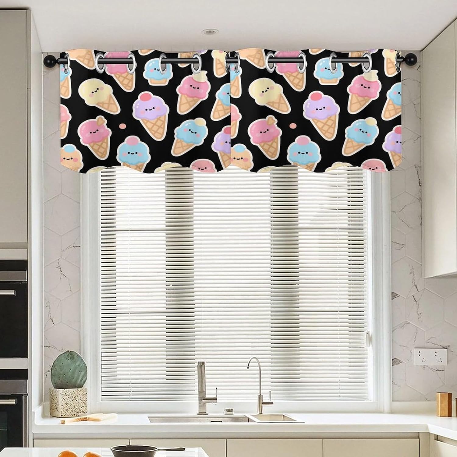 Cartoon Ice Cream Curtain 2 Panels, Polyester Fiber, Blackout Insulated Window Curtain, Curtain Valance for Kitchen Dining Room Living Room Cafe Small Window 52 * 18.1 Inches