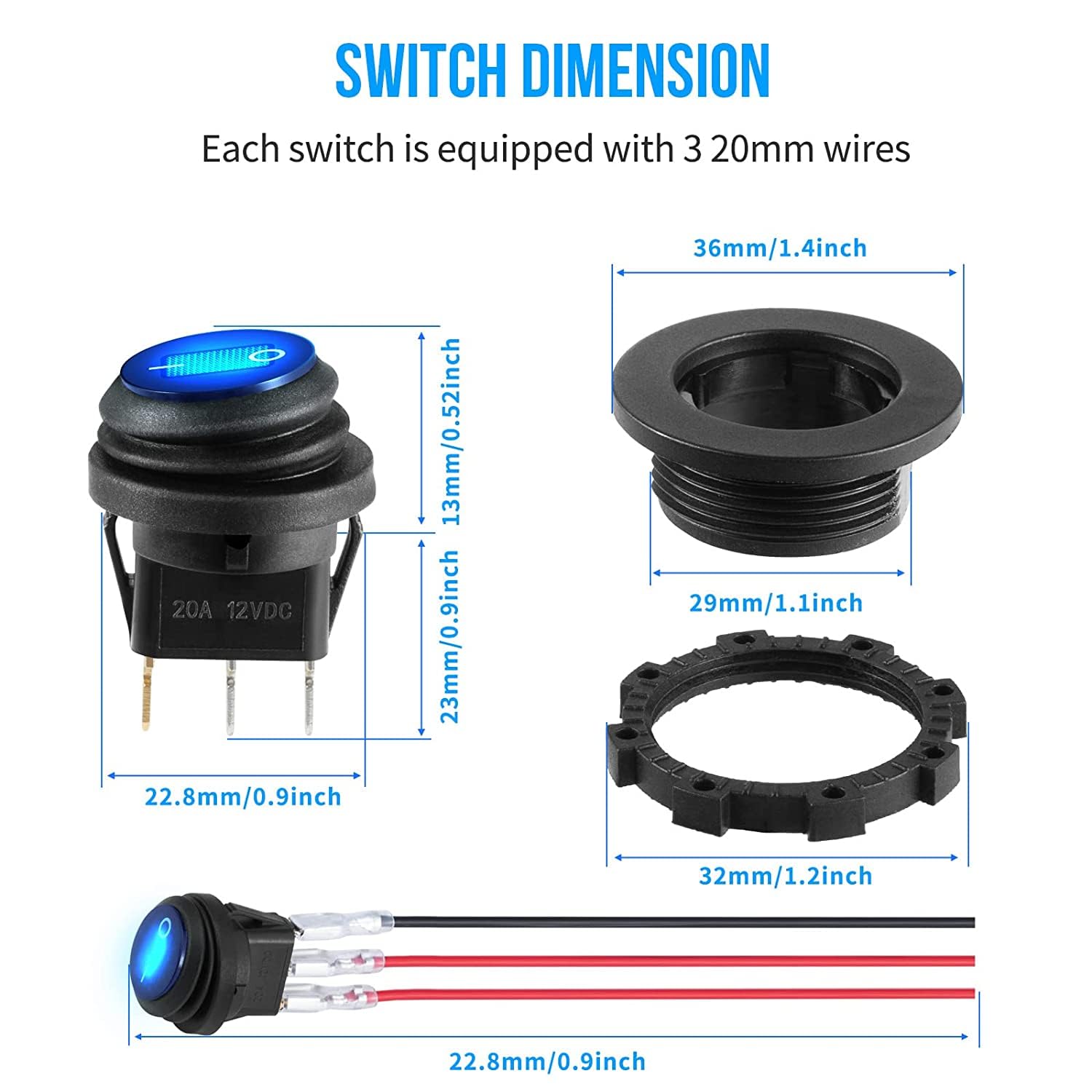 RUNCCI-YUN Schakelpaneel, ronde schakelaar, 12 V, 3 pins DC 12 V-24 V