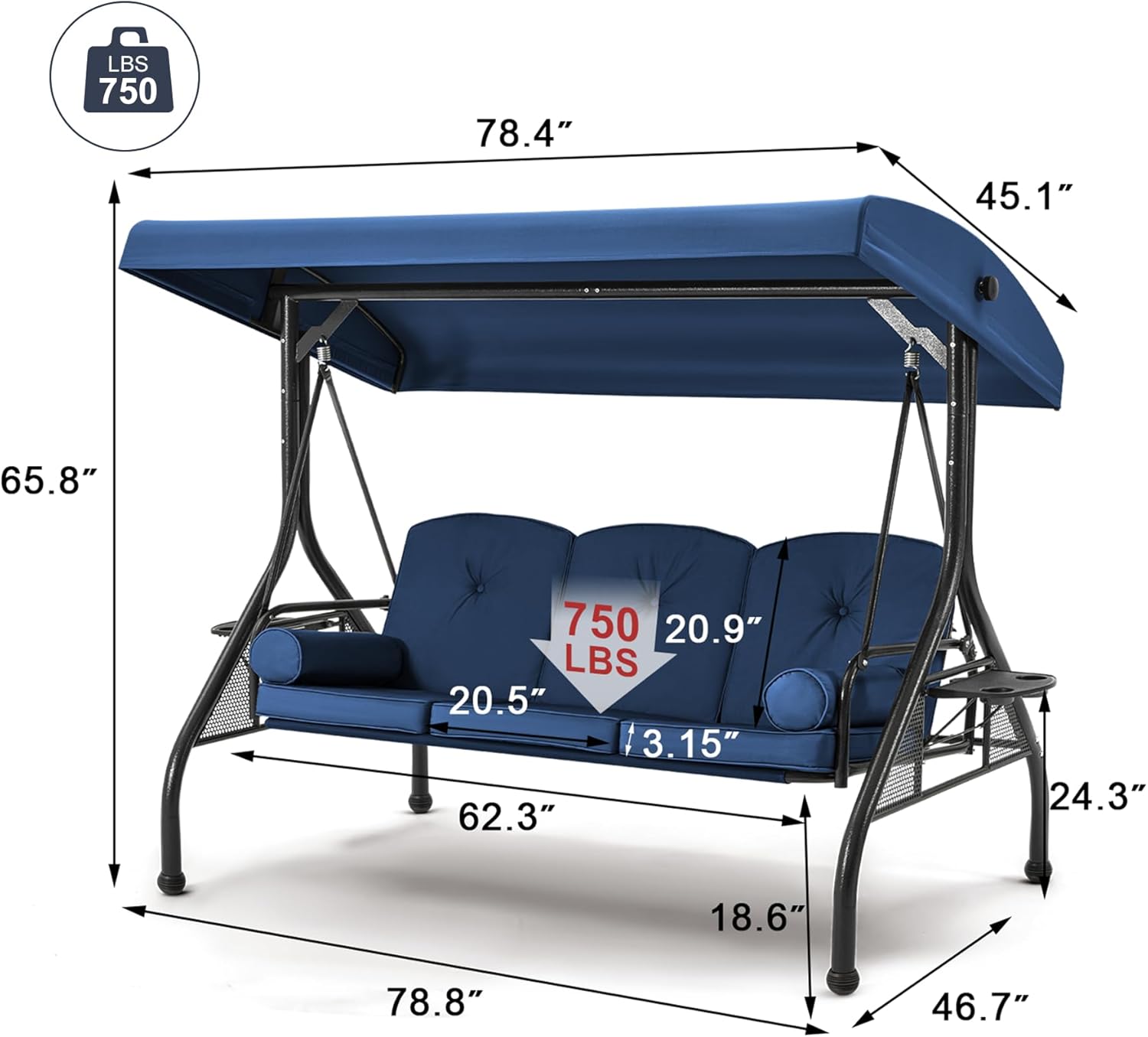 GYUTEI 3-Seat Outdoor Porch Swing with Adjustable Canopy, Convertible 2-in-1 Patio Swing Bed with Heavy Duty Stand, Glider Chair Hammock with Cup Holders & Removable Cushions＆Pillows,Blue