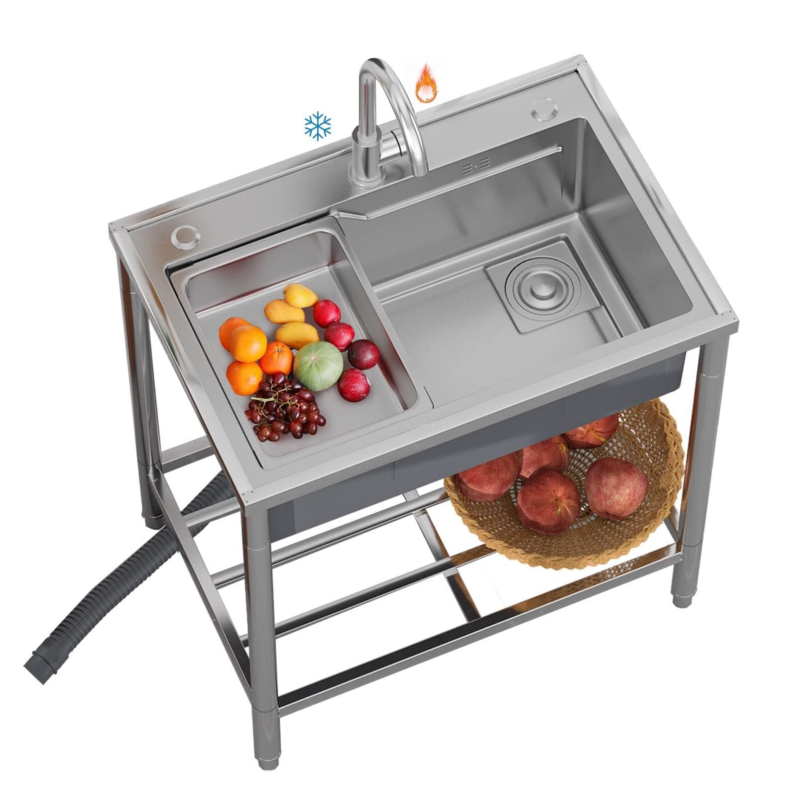TAXXII Outdoor Sink Single Bowl, Freestanding Stainless Steel Utility Sink, Commercial Kitchen with Hot and Cold Tap for Restaurant, Bar, Laundry, Garage, Backyard