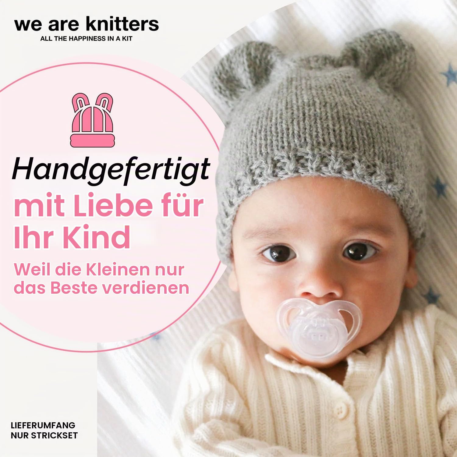 We Are Knitters Loris Beanie Strickset für Babys, DIY Mütze aus 100% Alpaka Wolle zum Stricken, Häckel kit für Anfänger, Strickset für Anfänger inkl. Stricknadeln Set, Größen 0-6M & 6-12M