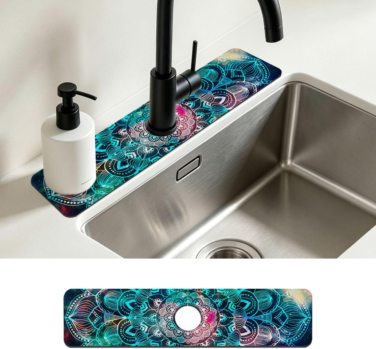 Kitchen Faucet Mat Galaxy Mandala Geometric Star Field Sink Splash Guard Behind Faucet Draining Mat Kitchen Accessories Non-slip Easy to Clean for Bathroom & Kitchen 24"X5.5"