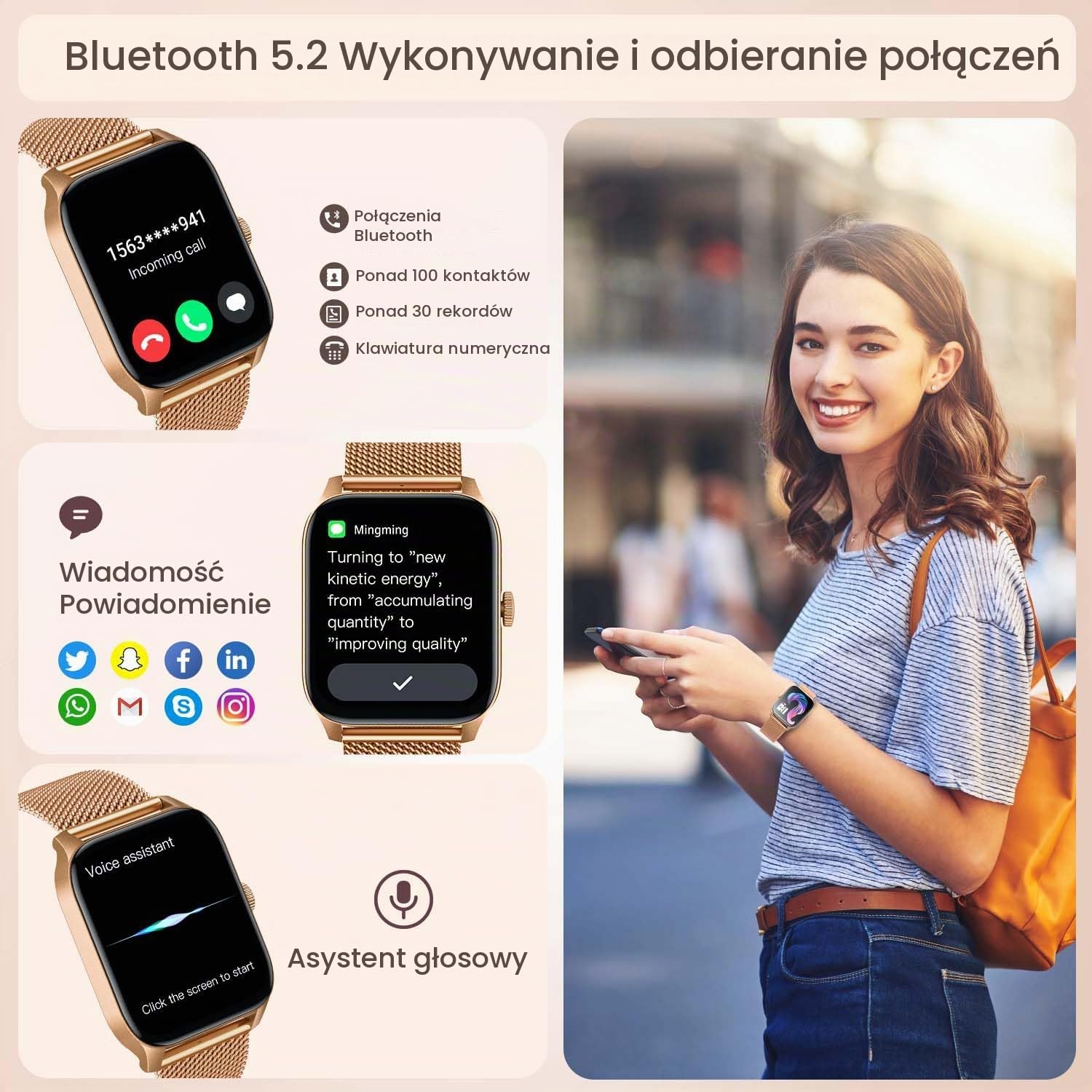 Inteligentny zegarek dla kobiet Fitness Tracker: 1,8-calowy ekran dotykowy Bluetooth odbieranie połączeń smartwatch 100+ aktywność sportowa licznik kroków tętno ciśnienie krwi monitor snu tlenu IP67