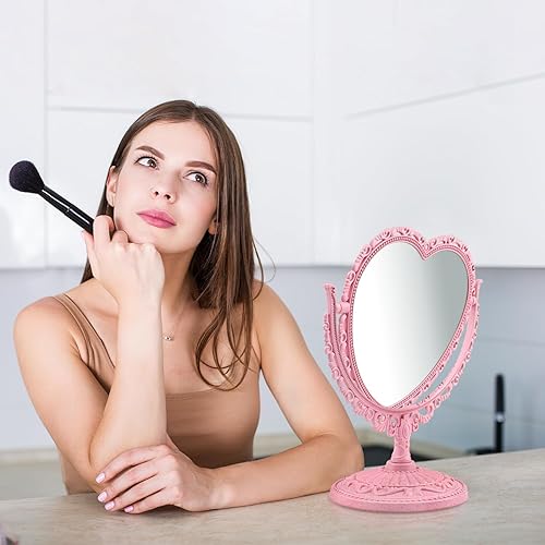 Miniatura 4 de Espejo de tocador de corazón rosa, giratorio de 360 grados de doble cara, espejo cosmético de maquillaje para mesa, escritorio, encimera, aparador,