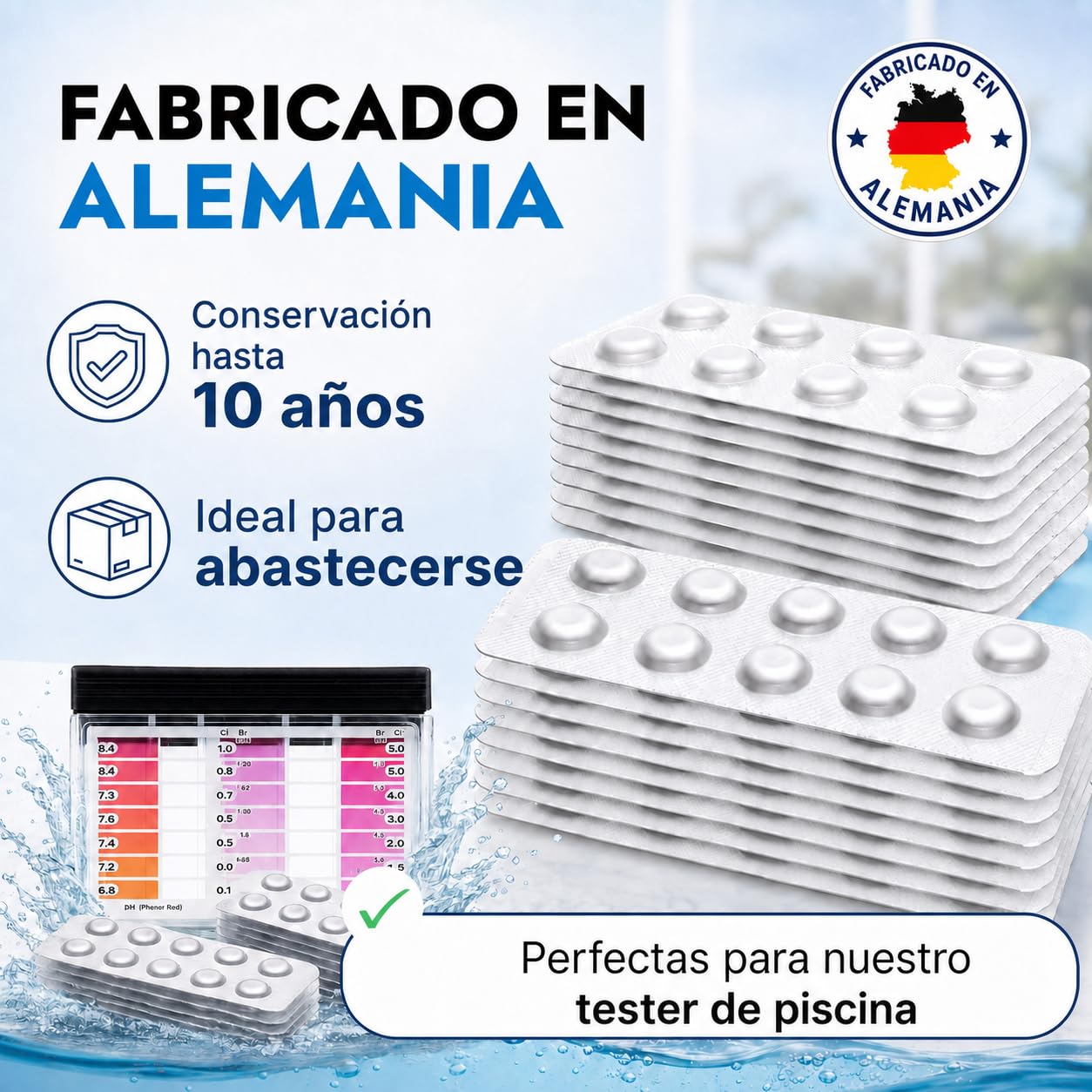 Recambio 200 pastillas reactivas para tester de piscina | 100x DPD1 + 100x Phenol Red | mide cloro libre, bromo y pH | pastillas Rapid para piscina, spa y jacuzzi | para tester manual