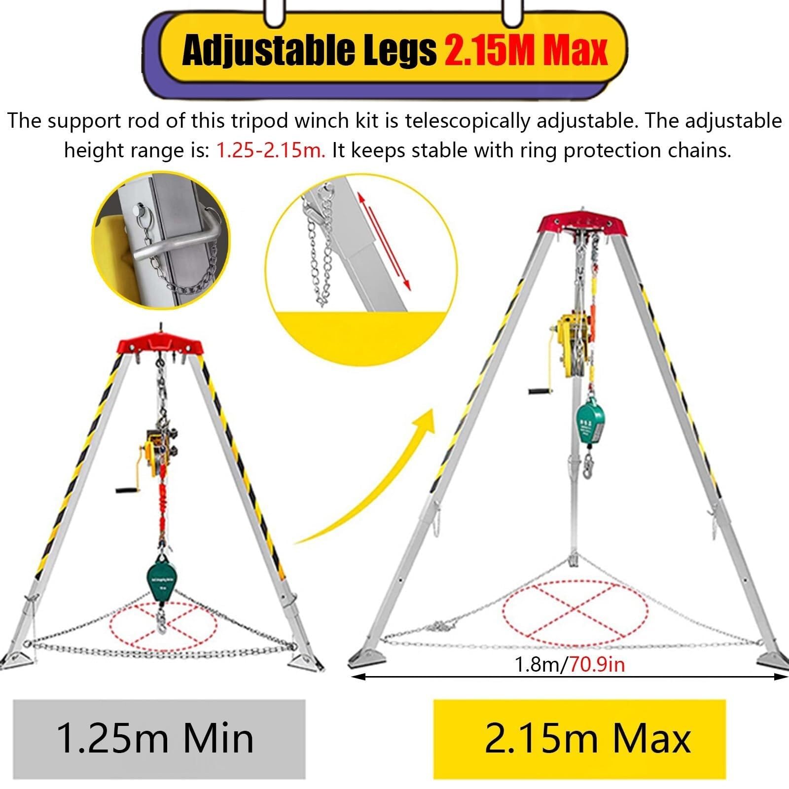 Kit trépied Robuste pour espaces confinés avec treuil détachable de 1200/1800/2600 LB, Hauteur réglable, pour Le Levage et Les travaux de plomberie/égouts, Comprend Un treuil de 1200 LB.
