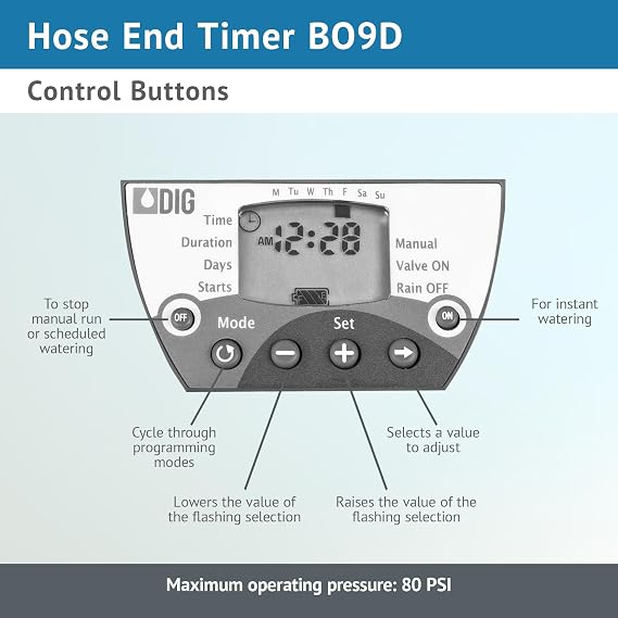 DIG, B09D 3/4 Single Outlet Hose End Programmable Timer for Home Gardens and patios