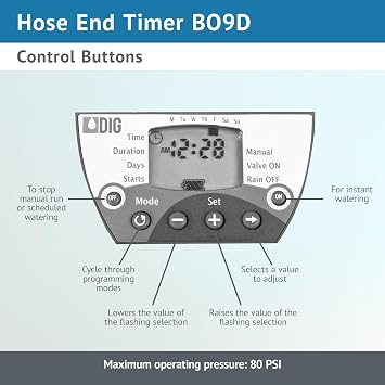 DIG, B09D 3/4 Single Outlet Hose End Programmable Timer for Home Gardens and patios
