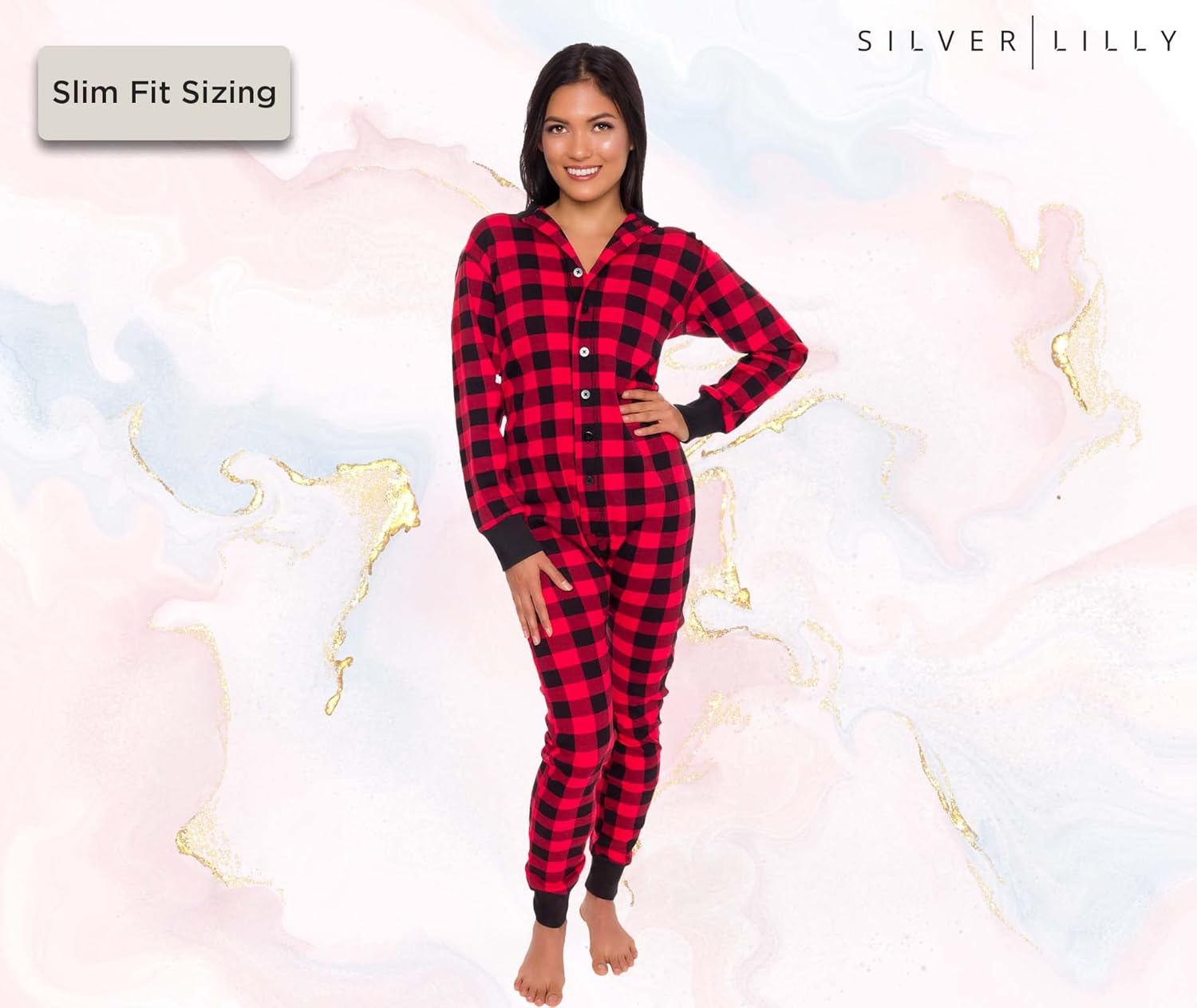 Silver Lilly Slim Buffalo Plaid Flapjack Pajamas - Warm Adult Onesie Jumpsuit, Cotton One Piece PJs, Union Suit, Women's - Image 3