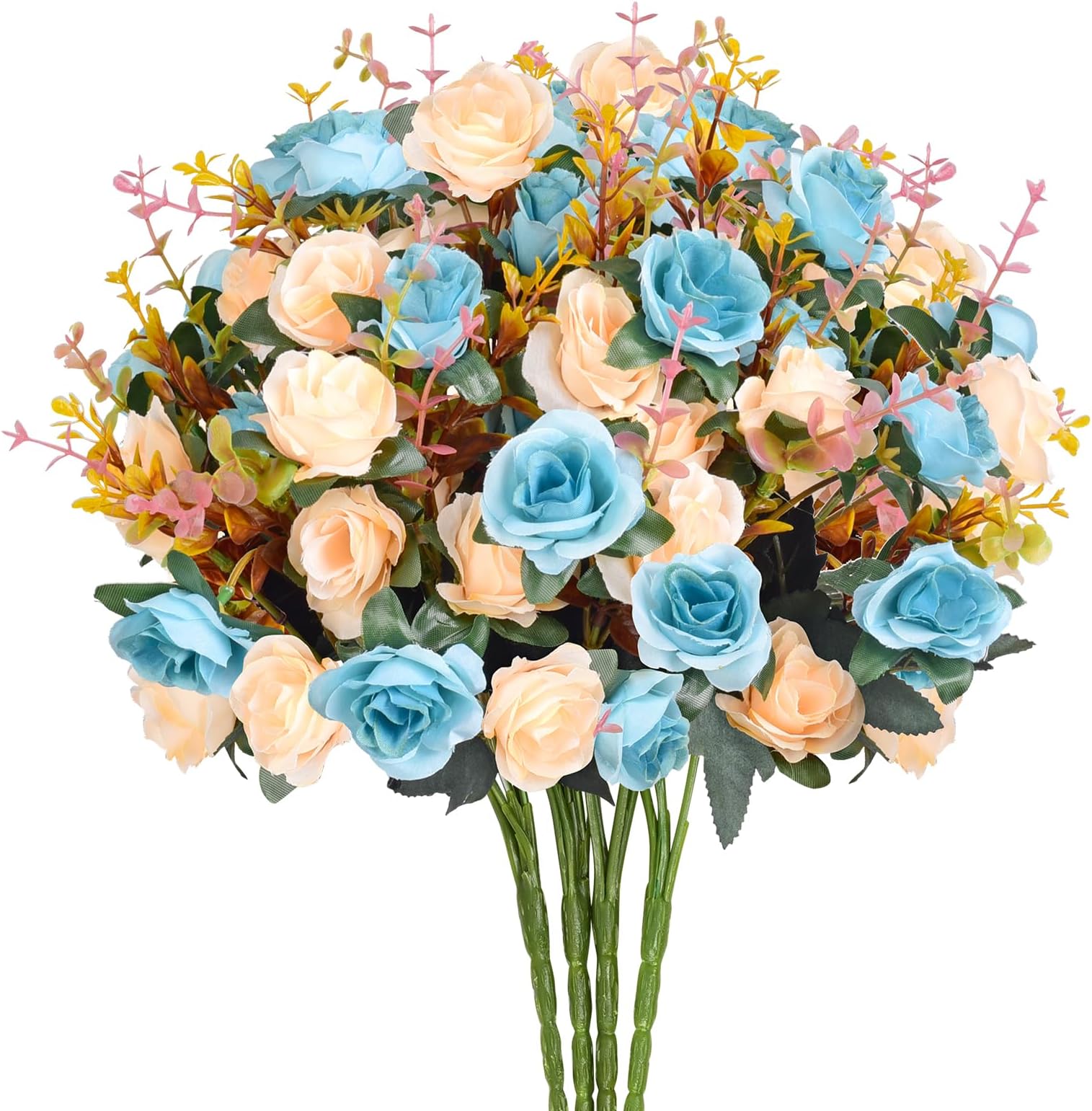EVER WINArtificial Silk Flowers Bouquet Mini Small Roses for Decoration Fake Faux Colorful Flowers with Stems for Home Decor Indoor Outside Wedding Table Centerpieces (4, Blue and Champagne)