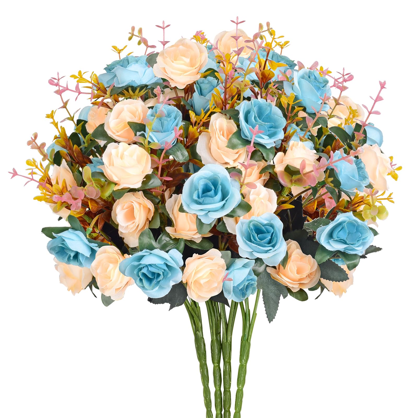 EVER WINArtificial Silk Flowers Bouquet Mini Small Roses for Decoration Fake Faux Colorful Flowers with Stems for Home Decor Indoor Outside Wedding Table Centerpieces (4, Blue and Champagne)