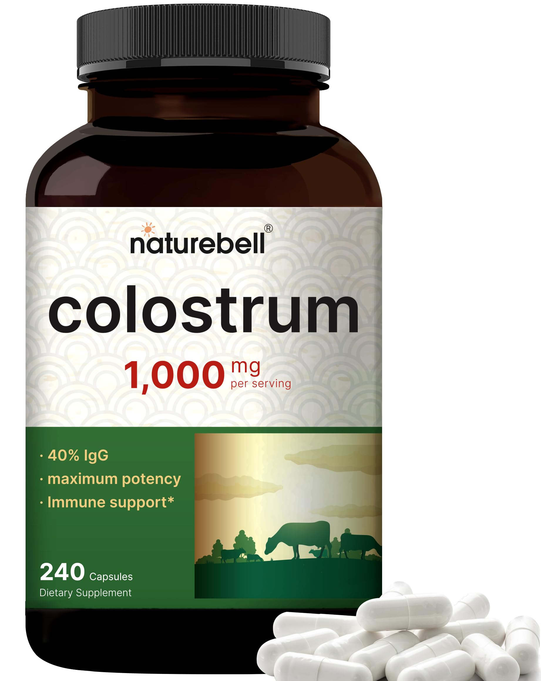 Colostrum Supplement 1,000mg Per Serving, 240 Capsules | Grass Fed Bovine Colostrum from Mother's First Milk – 40% IgG Immunoglobulins – Muscle, Immune & Gut Health Supplement – Non-GMO