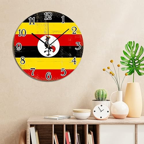 Miniatura 4 de Reloj de pared redondo decorativo con bandera de Uganda, recuerdo de país, de PVC, para decoración del hogar, funciona con pilas, estilo rústico