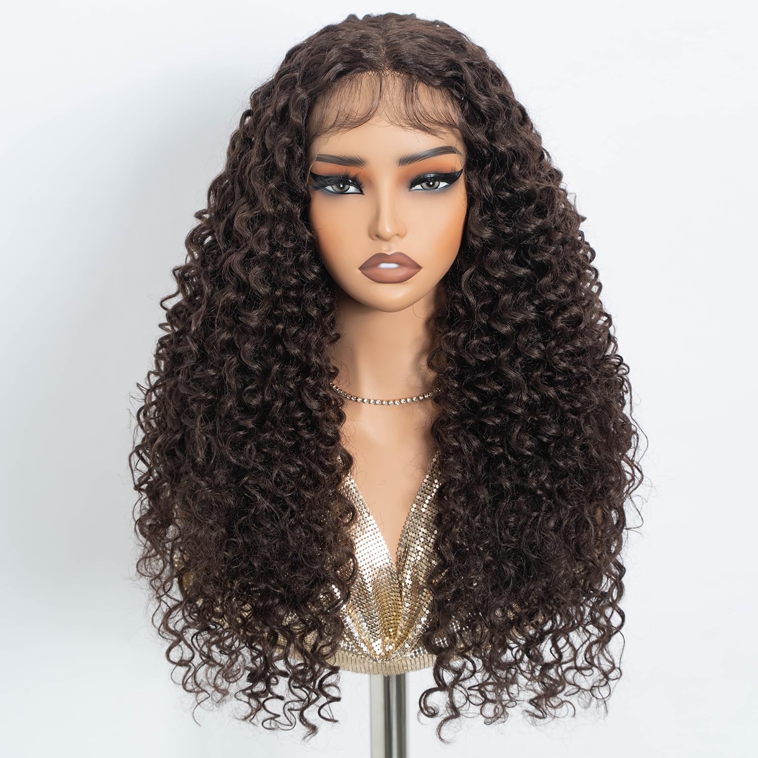 Long Deep Wave Lace Front Wig for Women Synthetic Natural Crimps Curls Dark Brown 24 Inch T-Part Preplucked Hairline Wig with Baby Hair
