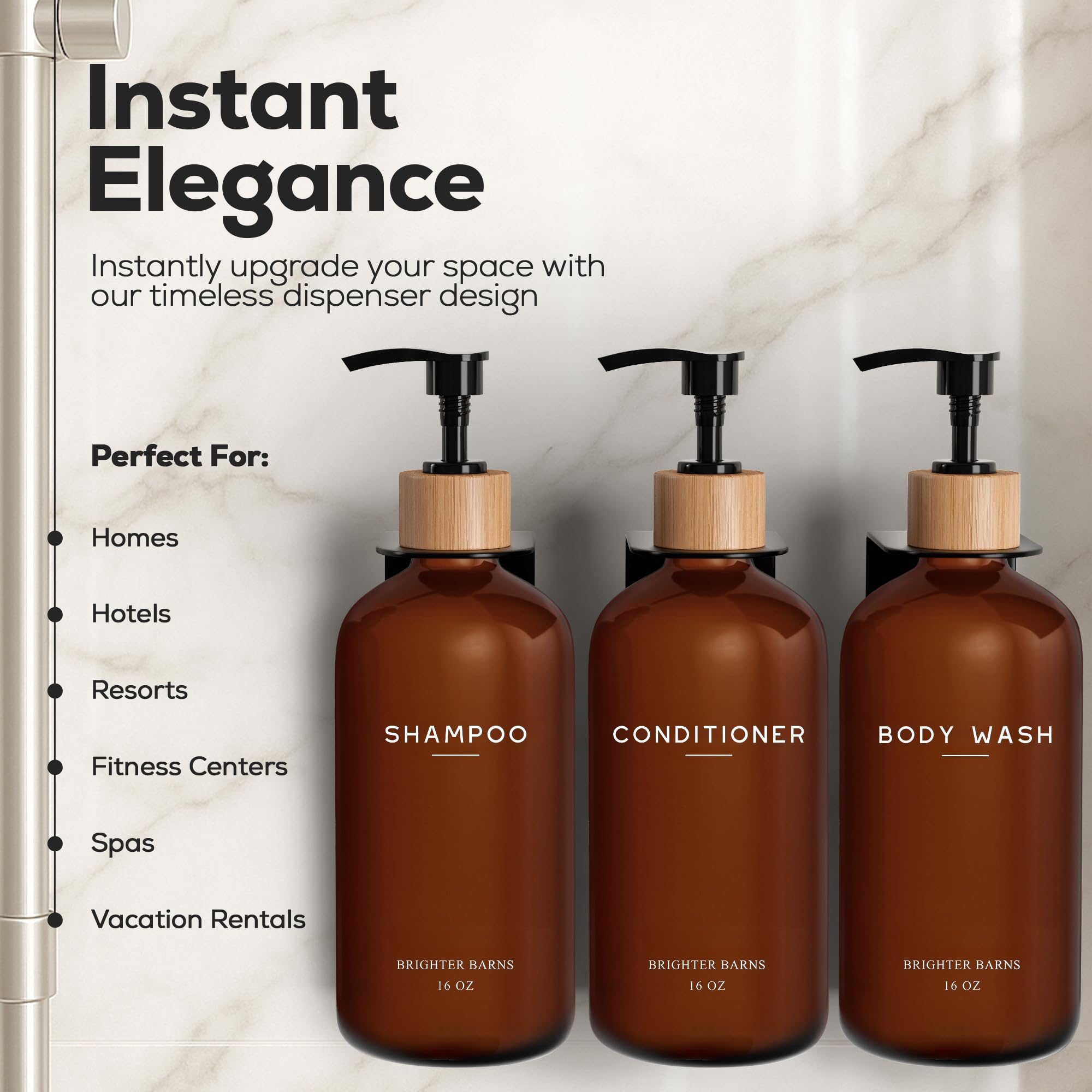 Brighter Barns - Set di dispenser per shampoo e balsamo, da parete, ricaricabile, per doccia, 3 camere, senza trapano, bottiglie da doccia in plastica per bagno degli ospiti, hotel (ambra)