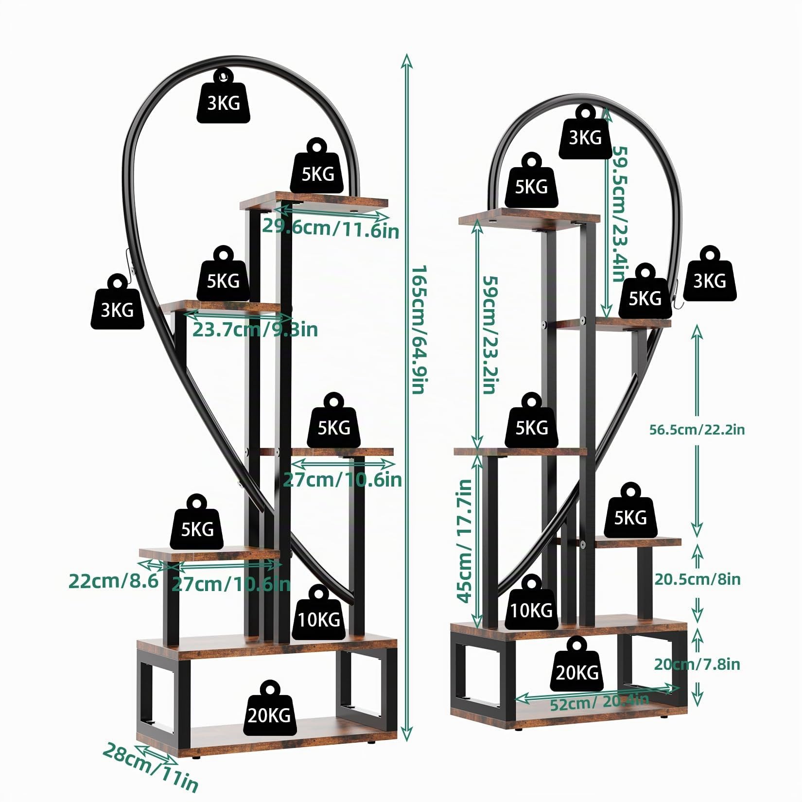 unho Blumenständer mit 6 Ebenen/4 Haken, 2 Stück Pflanzenregal Halbherzform, 165cm Hoch Pflanzenständer Blumenregal für Indoor Balkon Boden Wohzimmer