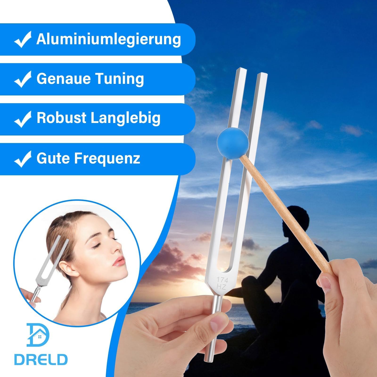 DRELD 5 Stimmgabel Set, Chakra Stimmgabel mit Holzständer, Aluminiumlegierung Tuner mit Silikonhammer Inbusschlüssel, für Heilung Klangtherapie Ausgleich Vibration (256HZ, 259HZ, 262HZ, 267HZ, 271HZ)