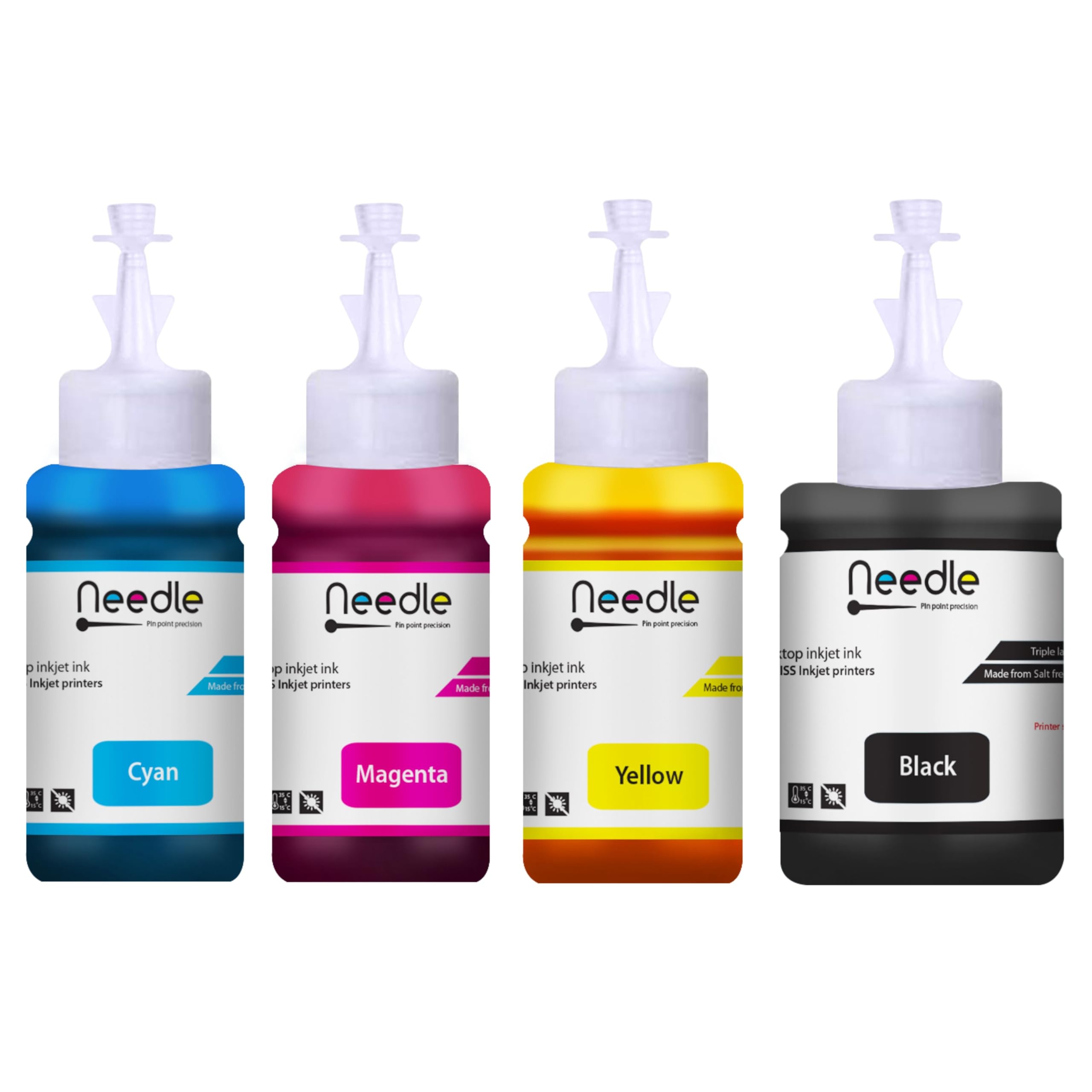 Needle 70gms+135gms T664 Compatible Refill Ink | Made in India | for Epson L130 L360 L380 L361 L565 L210 L220 L310 L350 L355 L365 L385 L405 L455 L485 L550 L555 L605 L1300 Printers (CMYK)