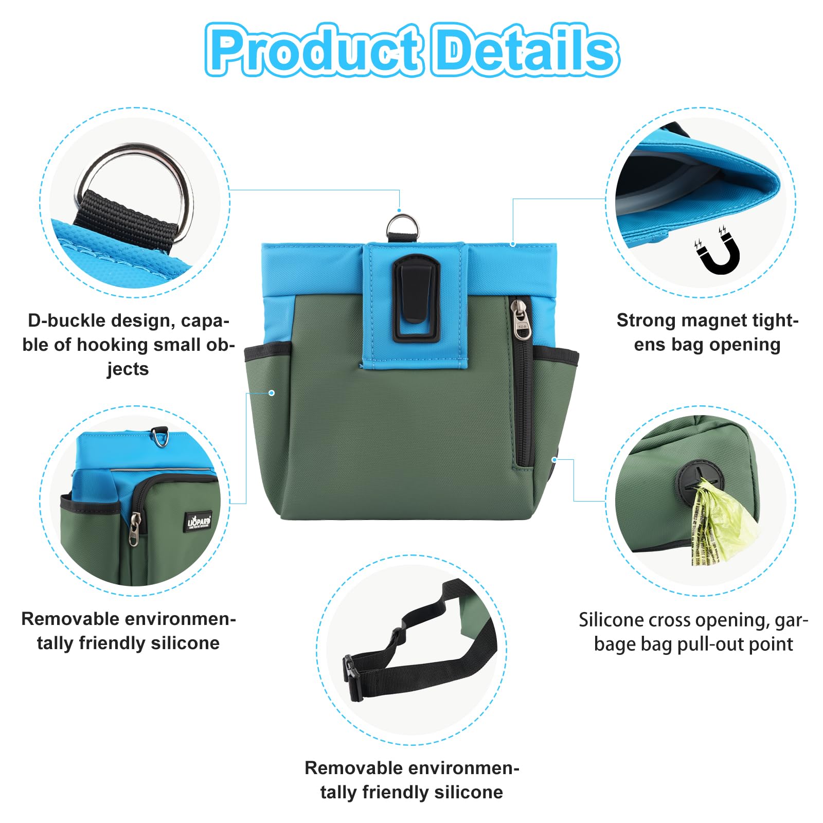 LIOPARD Dog Treat Pouch, Training Bag for Pet Walking, Pet Treat Bag with Silicone Liner, Magnetic Closure with Clicker and Belt Clip, 4-Cup Dog Treats Pouch for Outdoor Training (blue) - image 4