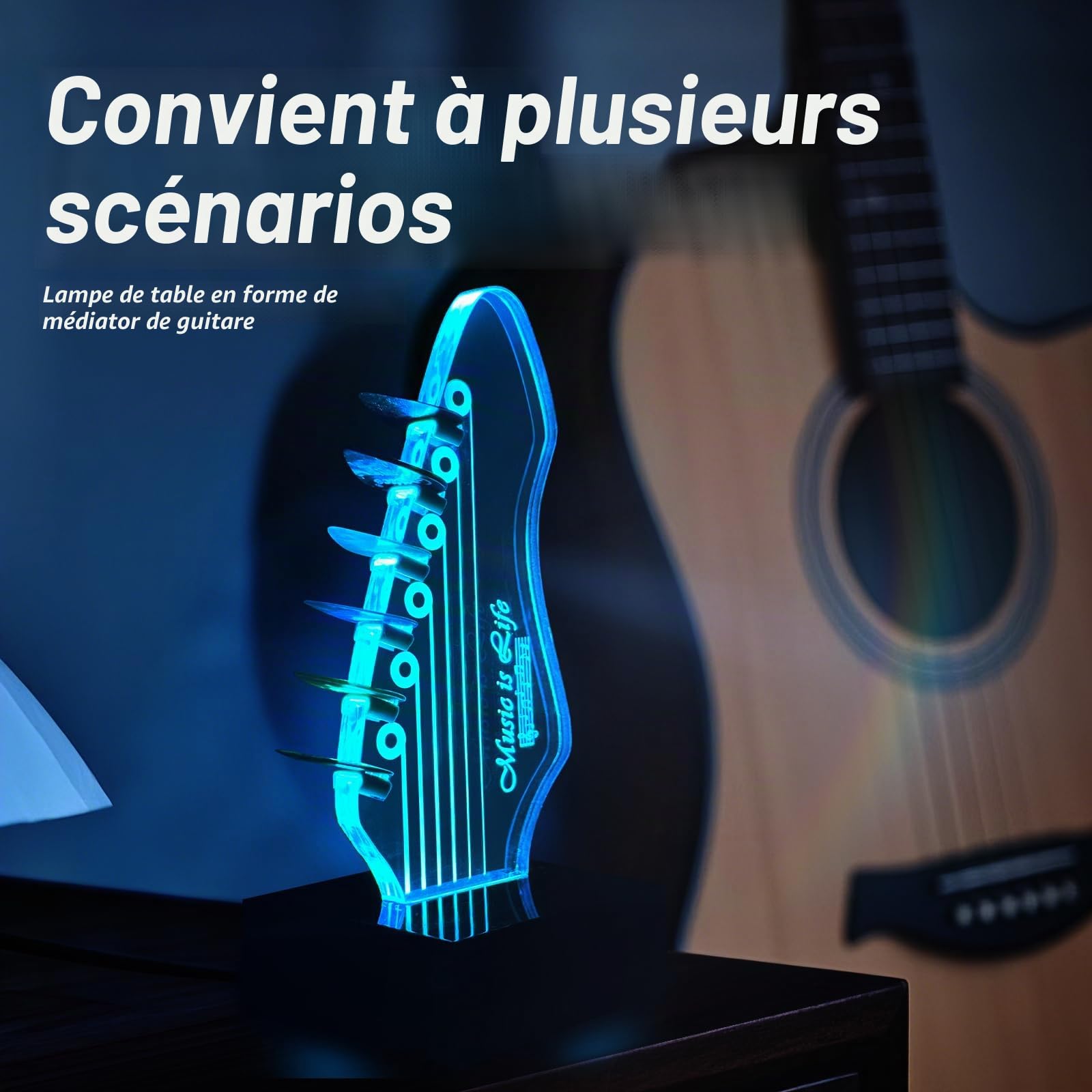 Support de médiator lumineux avec 7 couleurs changeantes, alimentation USB, affichage de rangement à DEL et veilleuse, peut contenir 6 médiators, décoration de chambre cool pour guitaristes, cadeau