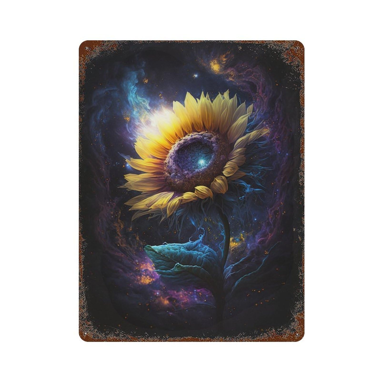 Rust Effect Cosmic Sunflower Bloom-4 Vintage Rust Metal Sign 15.7"x11.8", Old School Wall Decor for Basement, Hobby Room And Garage Decor