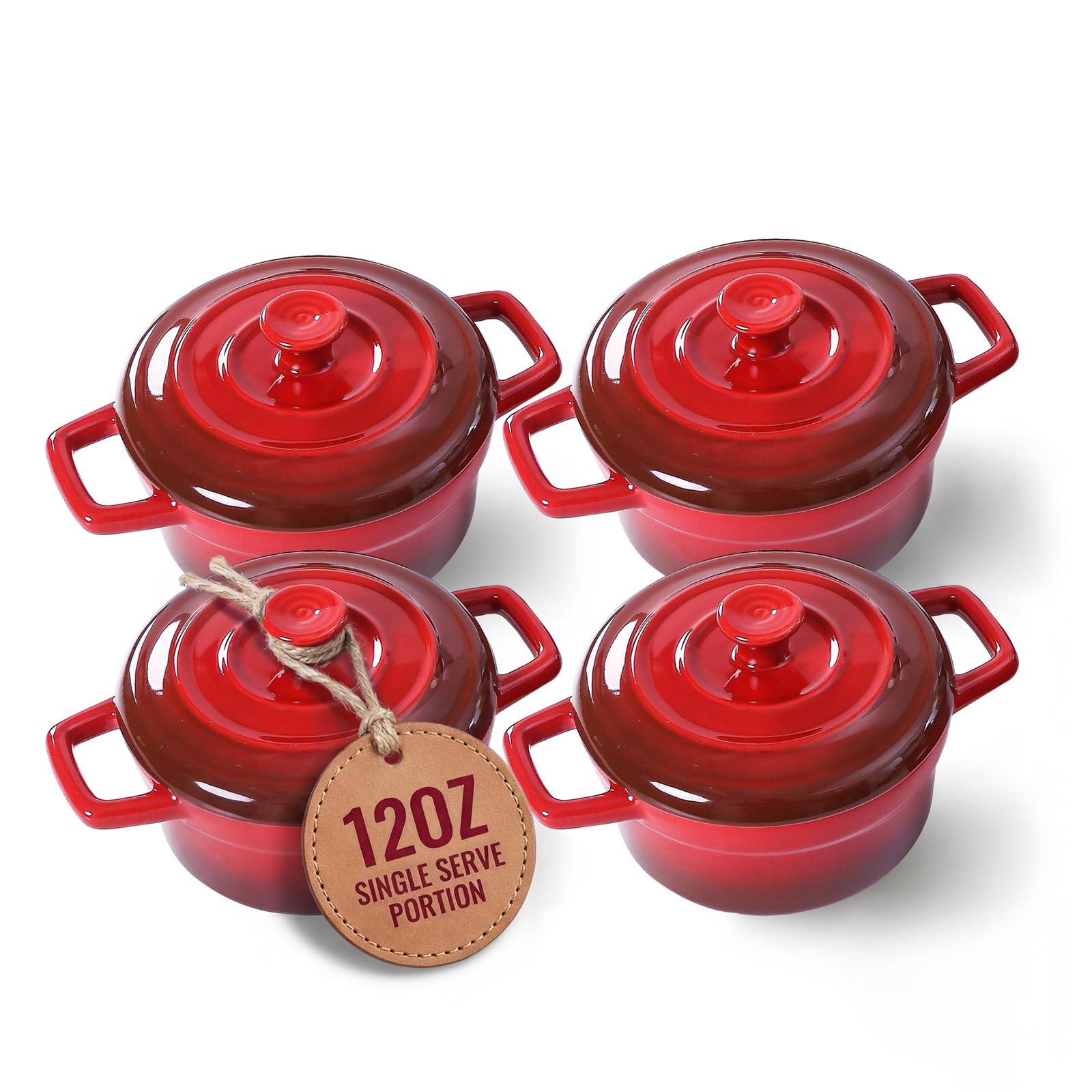 Mini Cocotte - 12oz Ceramic Casserole Dishes - Kitchen Casserole Sets With Handles And Lid - Small Baking Ramekins - Oven, Microwave & Dishwasher Safe - Set of 4 - Red