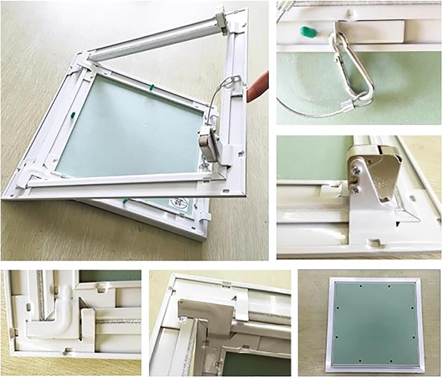 Collage of images showing various aspects of the access panel installation, including frame details and the push-release latch.