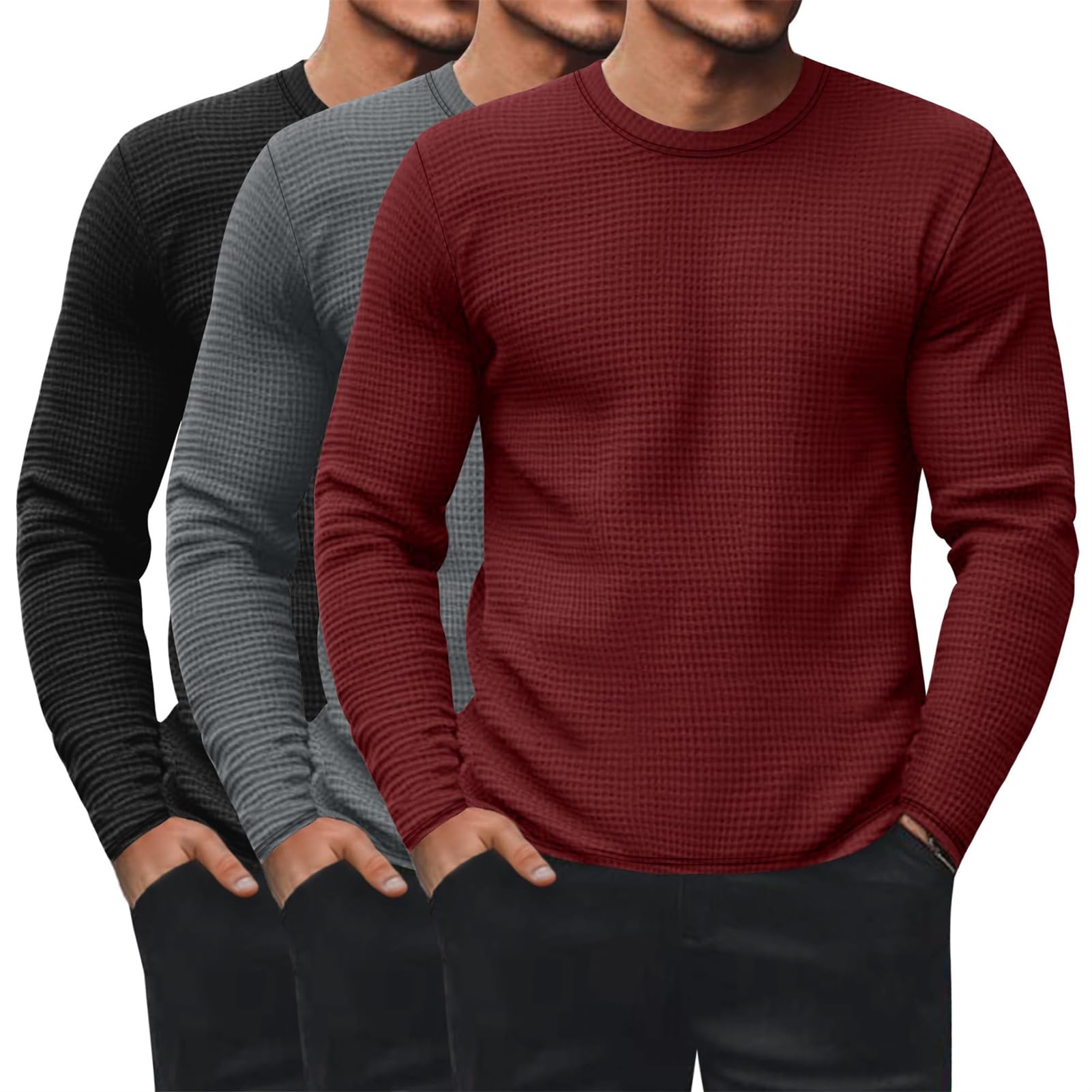 Camisas de manga larga para hombre, ropa interior térmica, cuello redondo, manga larga, informal, con textura