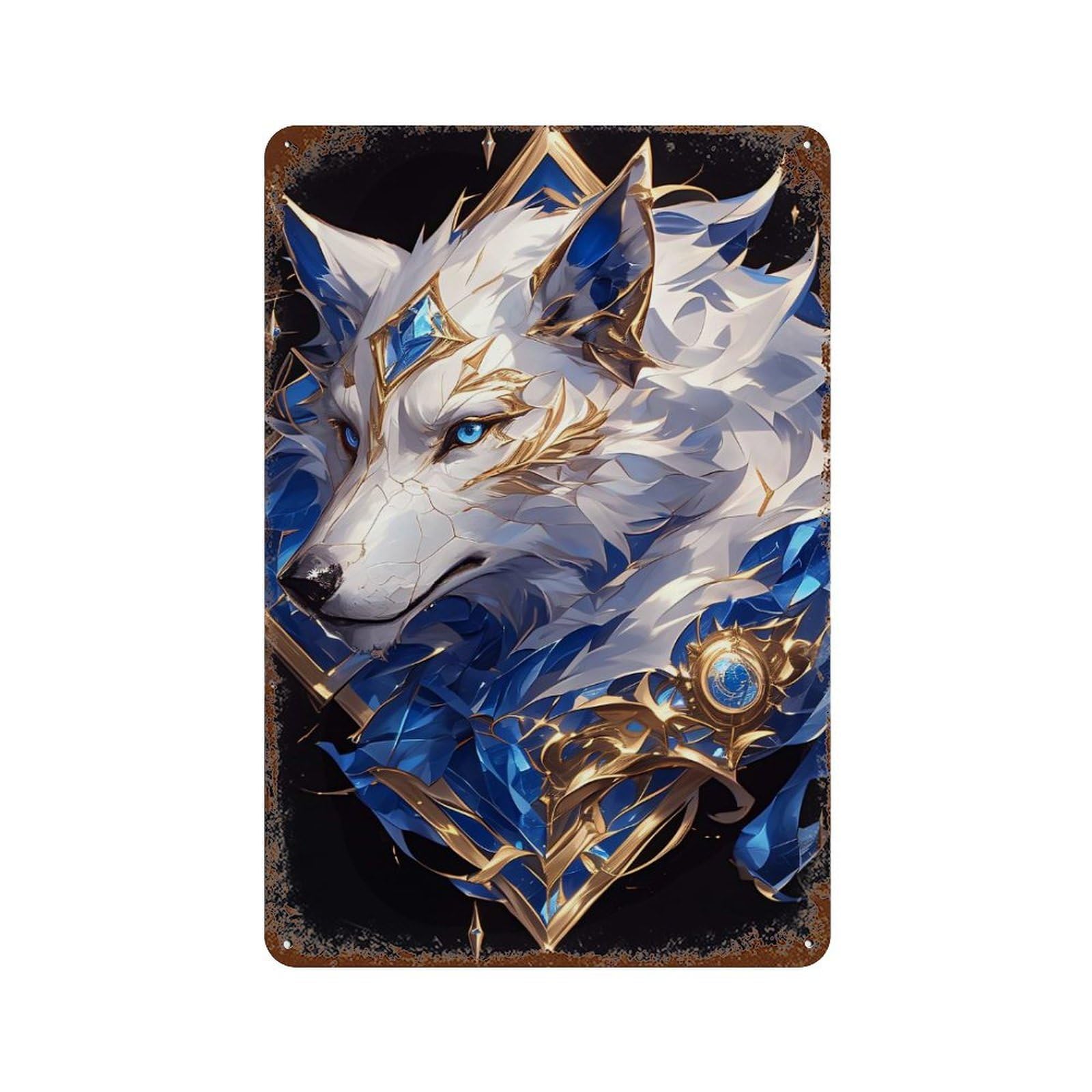 Garage Style White Wolf with Blue And Gold Accents Distressed Metal Wall Sign 11.8"x7.9", Shabby Chic Decor for Bar And Workshop