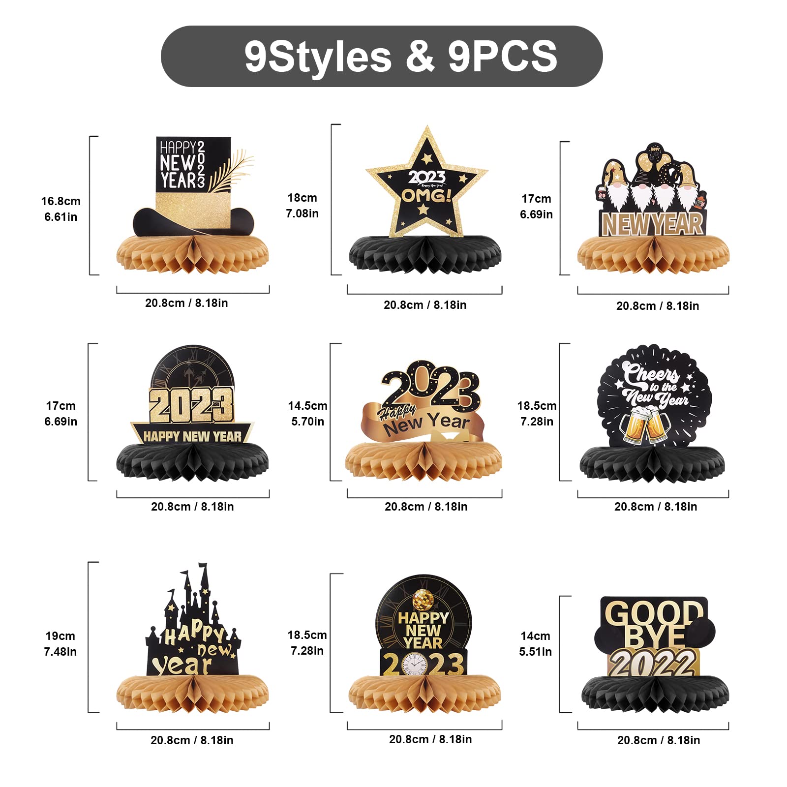 New Year Party Centerpieces Decorations - 11 Pcs Honeycomb Table Toppers, Gold & Black, 3D Theme Decor For 2023 Celebration - View #12