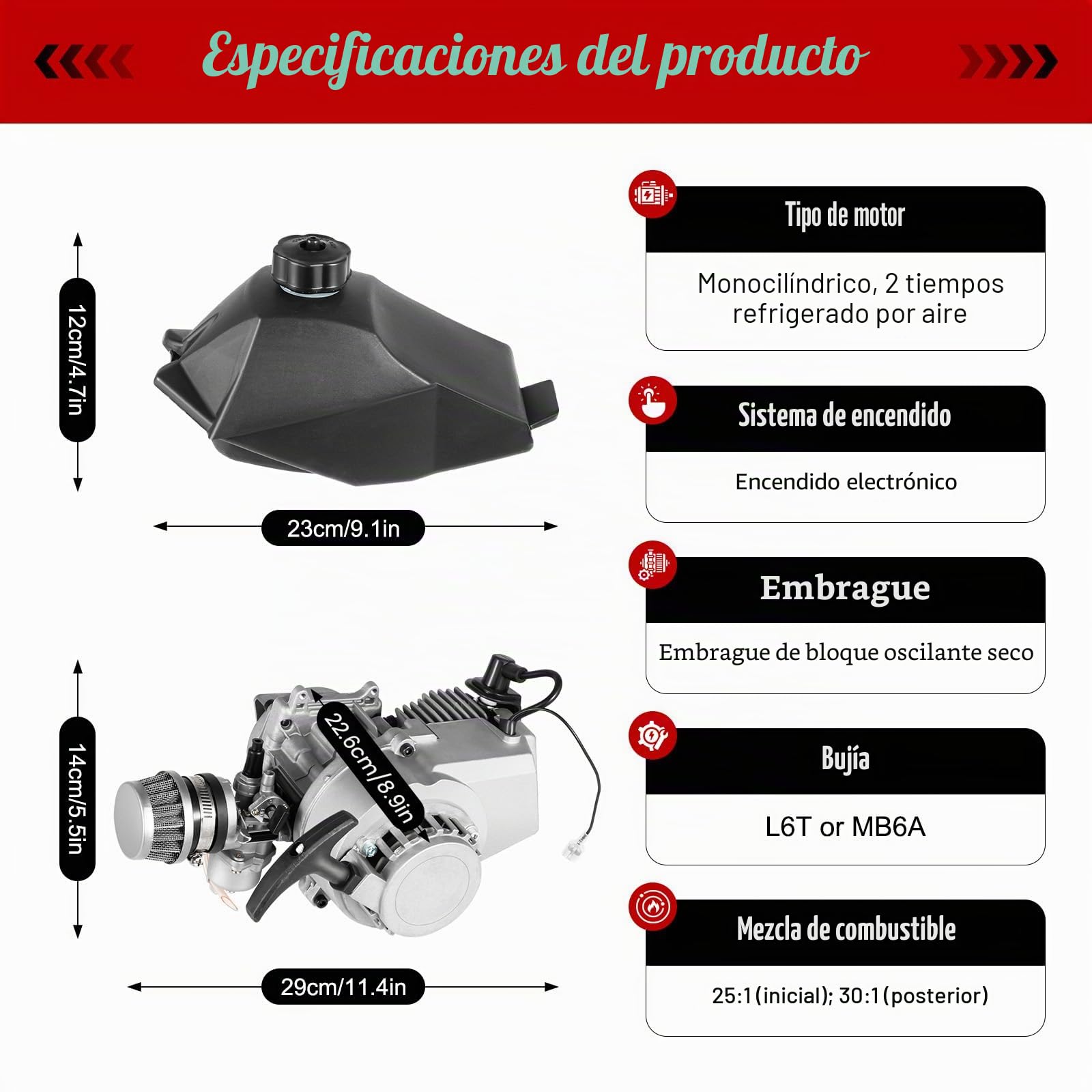 Motor Minimoto 49cc, 1,9 kW/7000rpm Minimoto Gasolina, 49,85cc Mini Moto Gasolina, 2 Tiempos Moto 49cc, 3CV Motor de Gasolina de 1,2 Litros, Capacidad de Carga de 180kg