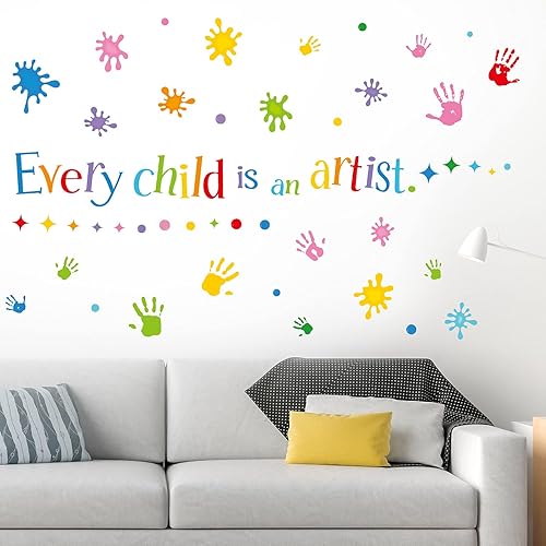 Miniatura 5 de Outus 3 hojas de calcomanías de pared con texto en inglés «Every Child is an Artist», calcomanías de pintura multicolor, salpicaduras, puntos y