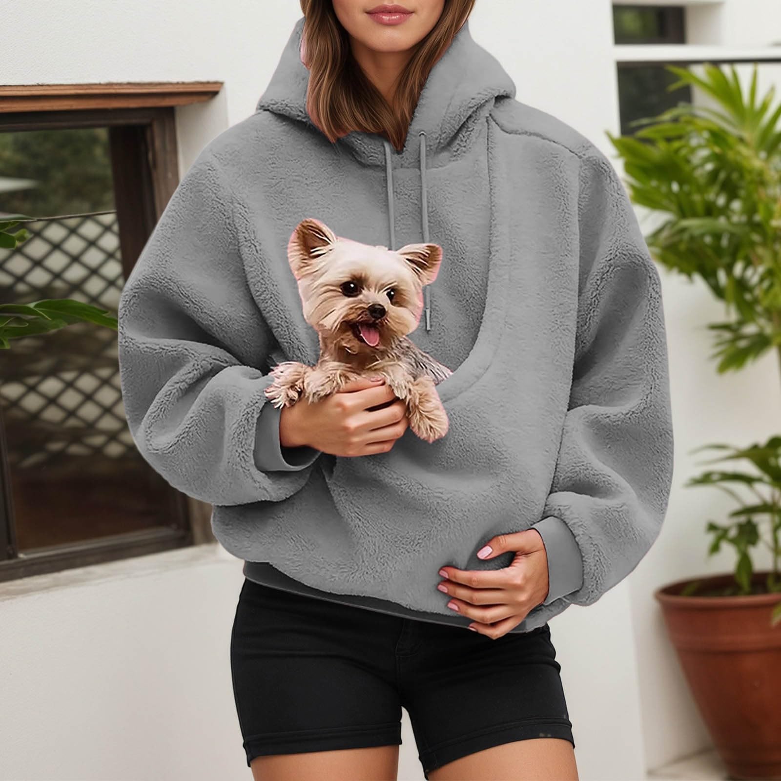 Generico Felpa con Cappuccio in Pile Sherpa for Animali Domestici da Donna, con Tasca A Marsupio Oversize, Calda E Soffice Felpa Invernale Carina E Comoda A Maniche Lunghe