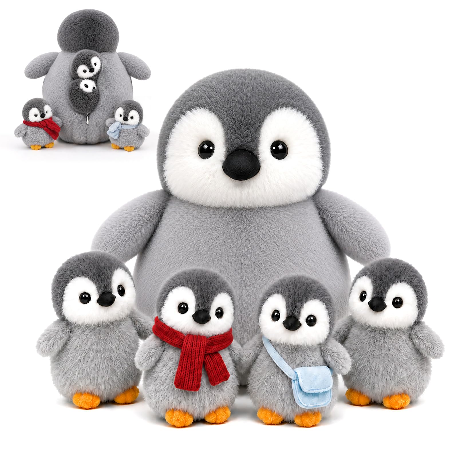 YIIQUWEN Penguin Plush with 4 Chicks, Stuffed Animal Toy Set for Kids