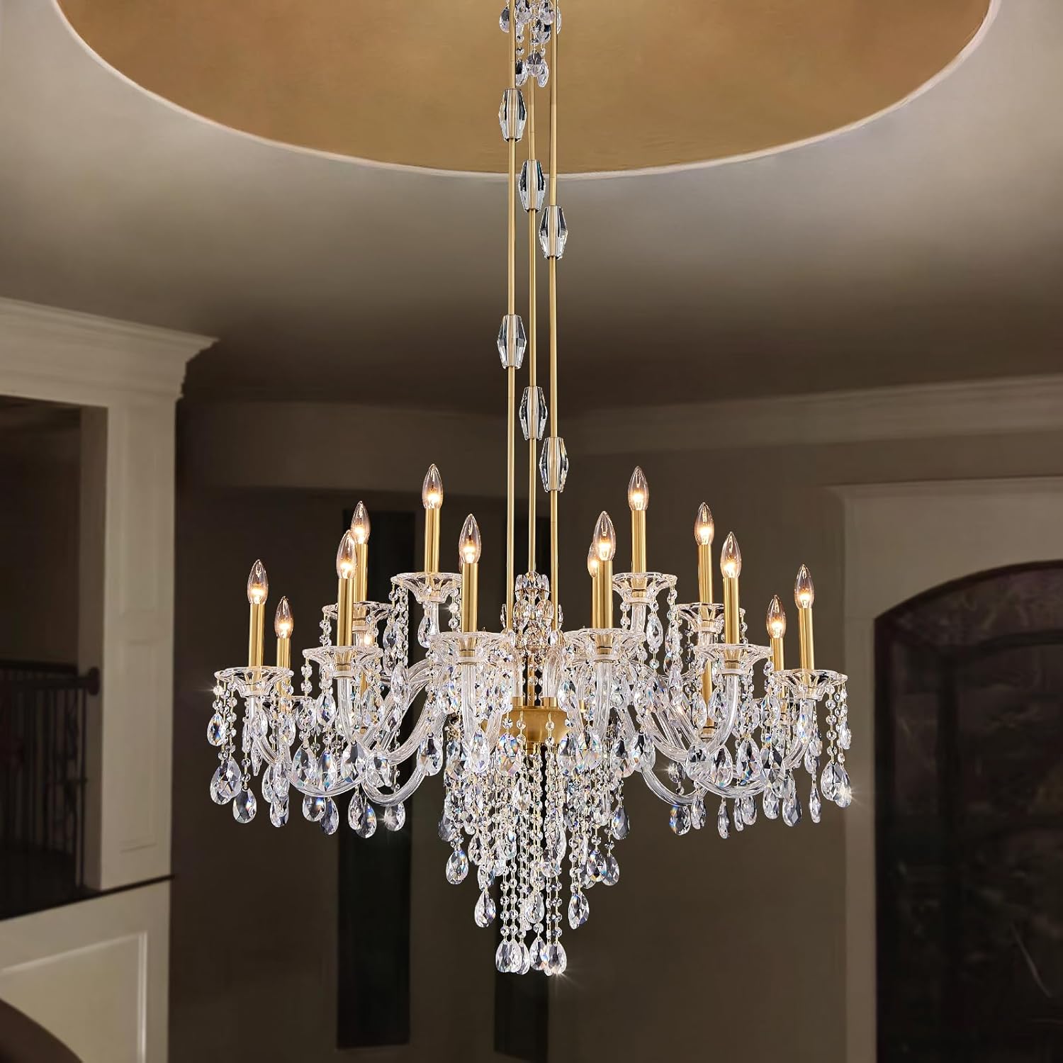 Luxury Gold Crystal Chandeliers, Brass Chandelier, 18 Lights E12 Candle Ceiling Light for Foyer, Dining Room, Living Room, Staircase