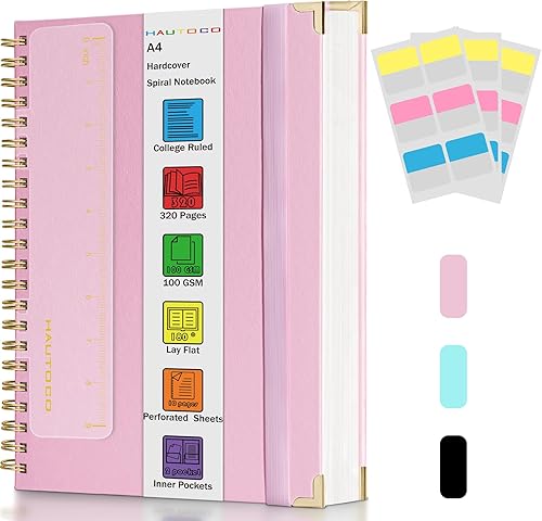 Miniatura 1 de HAUTOCO Cuaderno de espiral de 8.5 x 11 pulgadas, cuaderno de rayas universitarias con 320 páginas, cuaderno de tapa dura rosa A4, papel de 100 GSM,