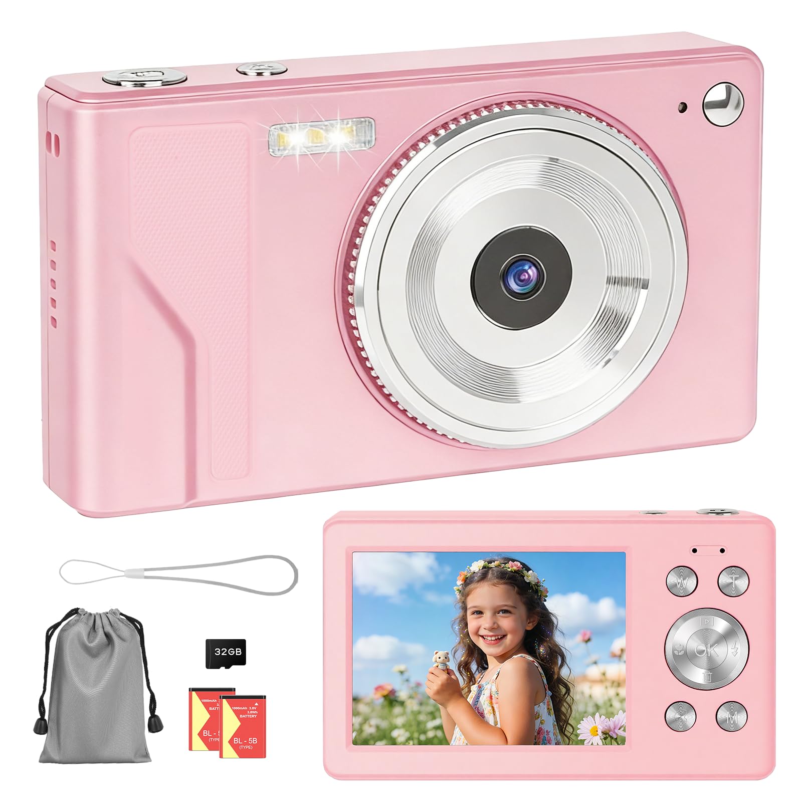 56MP 1080P FHD Digital Camera with Autofocus, 16X Digital Zoom, 2.8" LCD Screen, 32GB SD Card and 2 Batteries - Portable Compact Camera for Kids and Beginners (Pink-2)