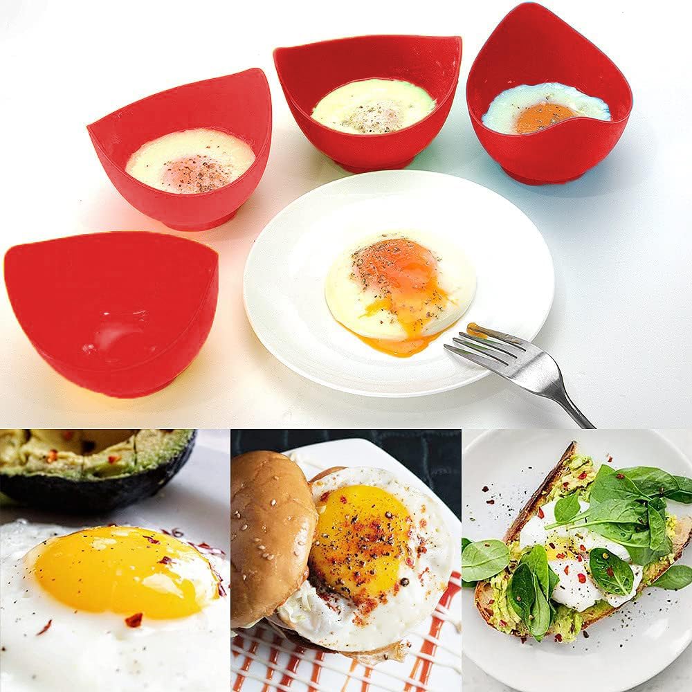 KARP Silicone Egg Poacher Cups, Non-Stick BPA-free Easy to Use & Clean Easy to Use & Clean Dishwasher Safe Egg Boiler Mold For Microwave Air Fryer Stovetop Egg Cooking Soft Boiled Eggs (Red)