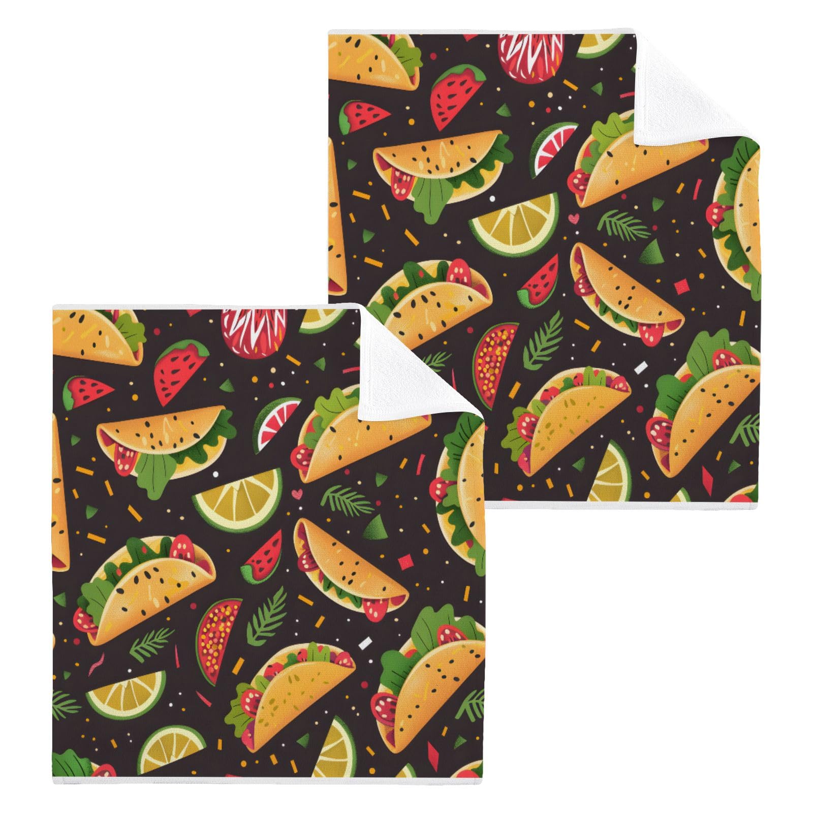 ALAZA Wash Cloth Set 100% Cotton Fingertip Towels Face Cloths Sets Tacos Festive Highly Absorbent Soft Feel Set of 2