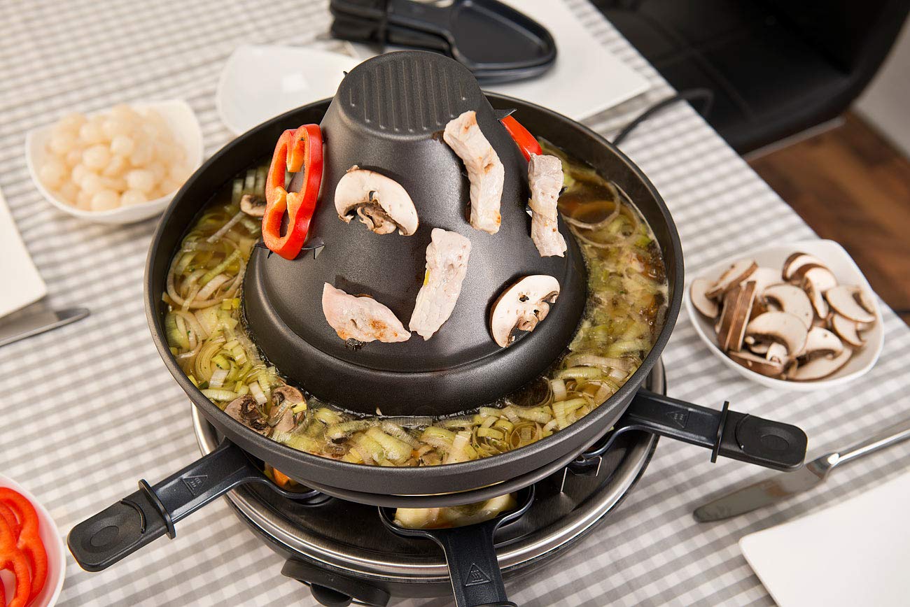 Rosenstein & Söhne Tartarenhut: Elektrischer 3in1-Tatarenhut- & Raclette-Grill mit Fondue-Rinne, für 6 (Husarenhut Grill, Tatarengrill, Topf)