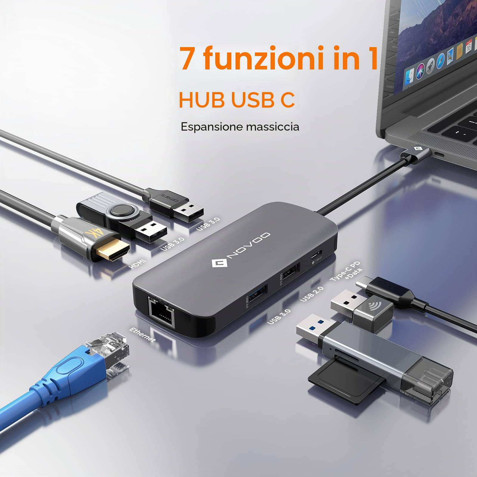 Hub USB C, NOVOO 7 in 1 multiporta Adattatore da HDMI 4K, Ethernet RJ45, 3 USB 3.0 & USB 2.0, tipo C 100W PD Docking Station Compatibile con MacBook Pro/Air,Surface Pro/Go,Pad Pro/Air,Dell,HP