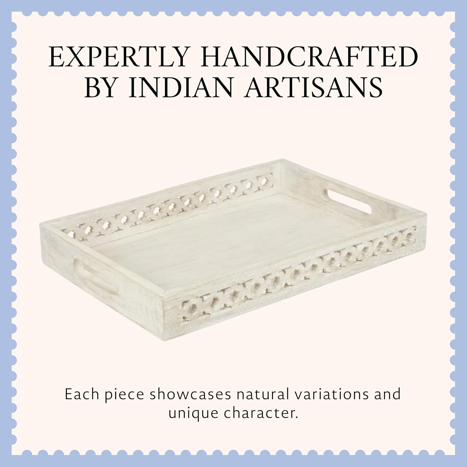 Mela Artisans Trellis Whitewash Mango Wood Serving Tray with Handles – Handcrafted Wooden Tray for Coffee Table, Kitchen Countertop, Snacks & Home Decor – Medium, 16 x 12 x 2.5