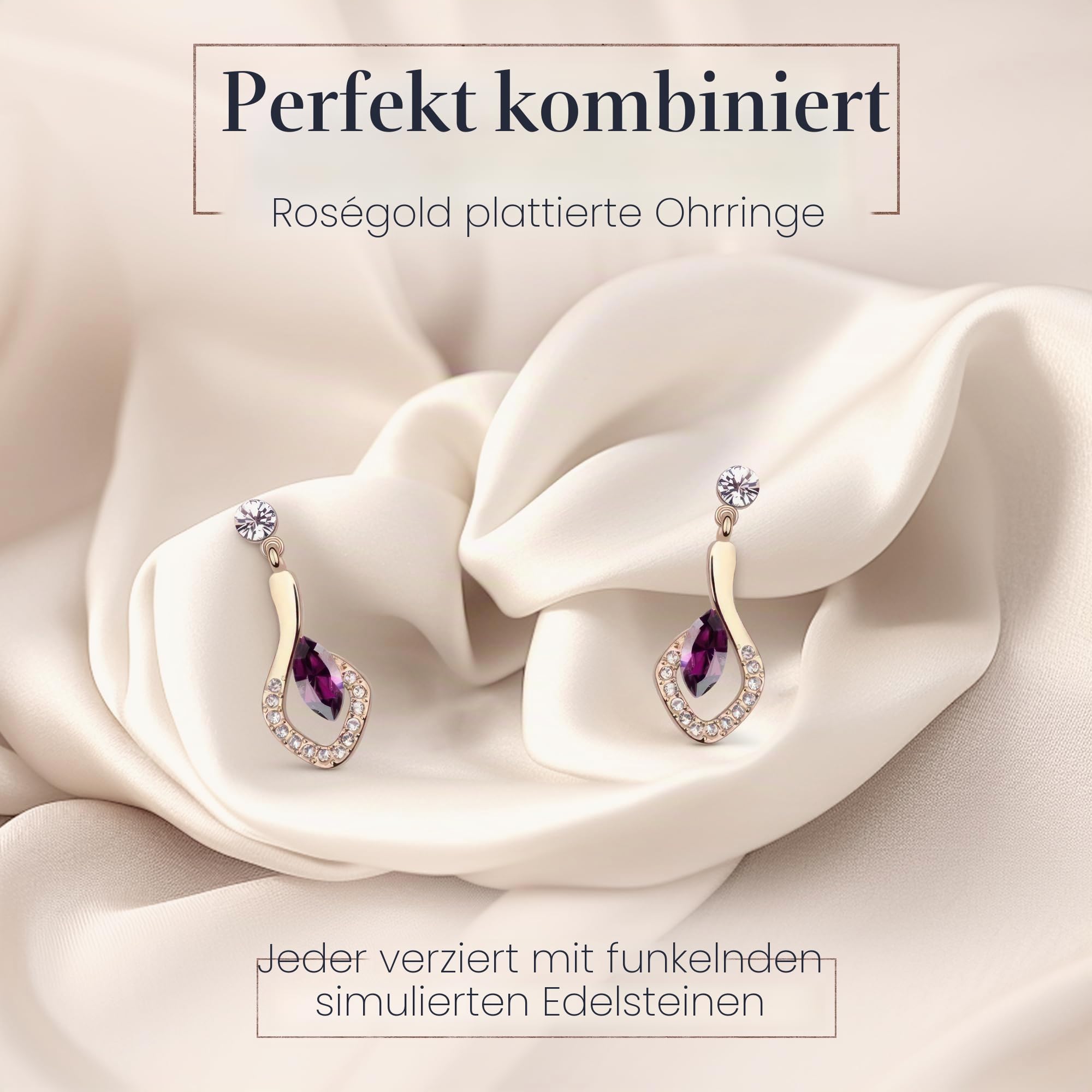 Crystalline Azuria Kristalle Simulierter Amethyst Schmuck-Set Halskette Anhänger 45 cm Ohrringe 18 kt Rosé Vergoldet für Damen