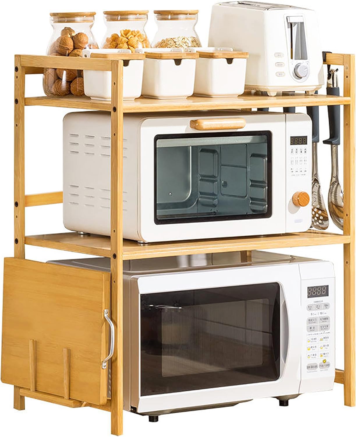 Hcosmy Microwave Oven Shelf, 2-Tier Wooden Microwave Oven Rack Stand, Microwave Holder with 4 Hooks and Chopping Board Stand, Multifunctional Kitchen Cabinet for Kitchens, 35 x 55 x 67 cm