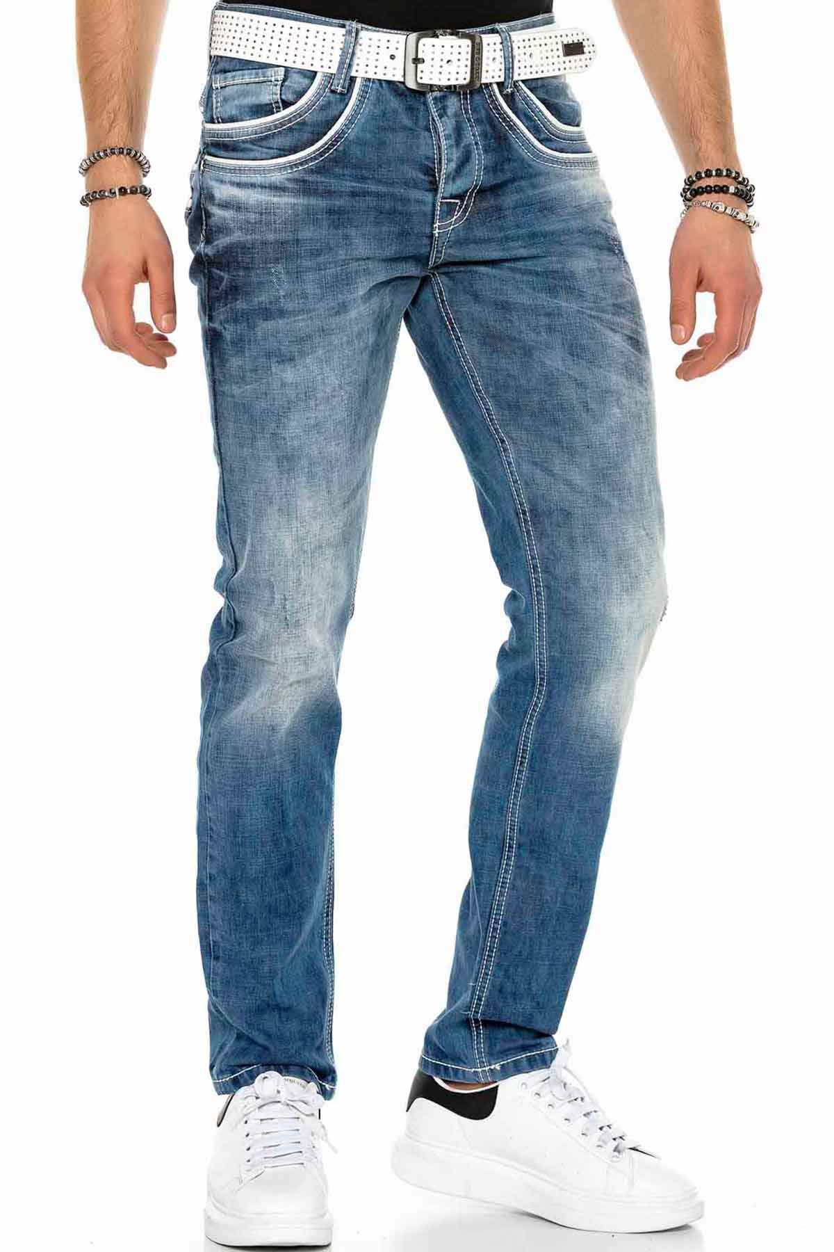 Cipo & Baxx Men's Jeans | Various Fits | Destroyed & Used Look with Studs, Faux Leather & Print | Modern Biker Style, 30 W/32 L