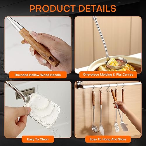 Miniatura 5 de Juego de 10 utensilios de cocina de acero inoxidable 304 utensilios de cocina resistentes al calor, mango de madera, herramientas de cocina de