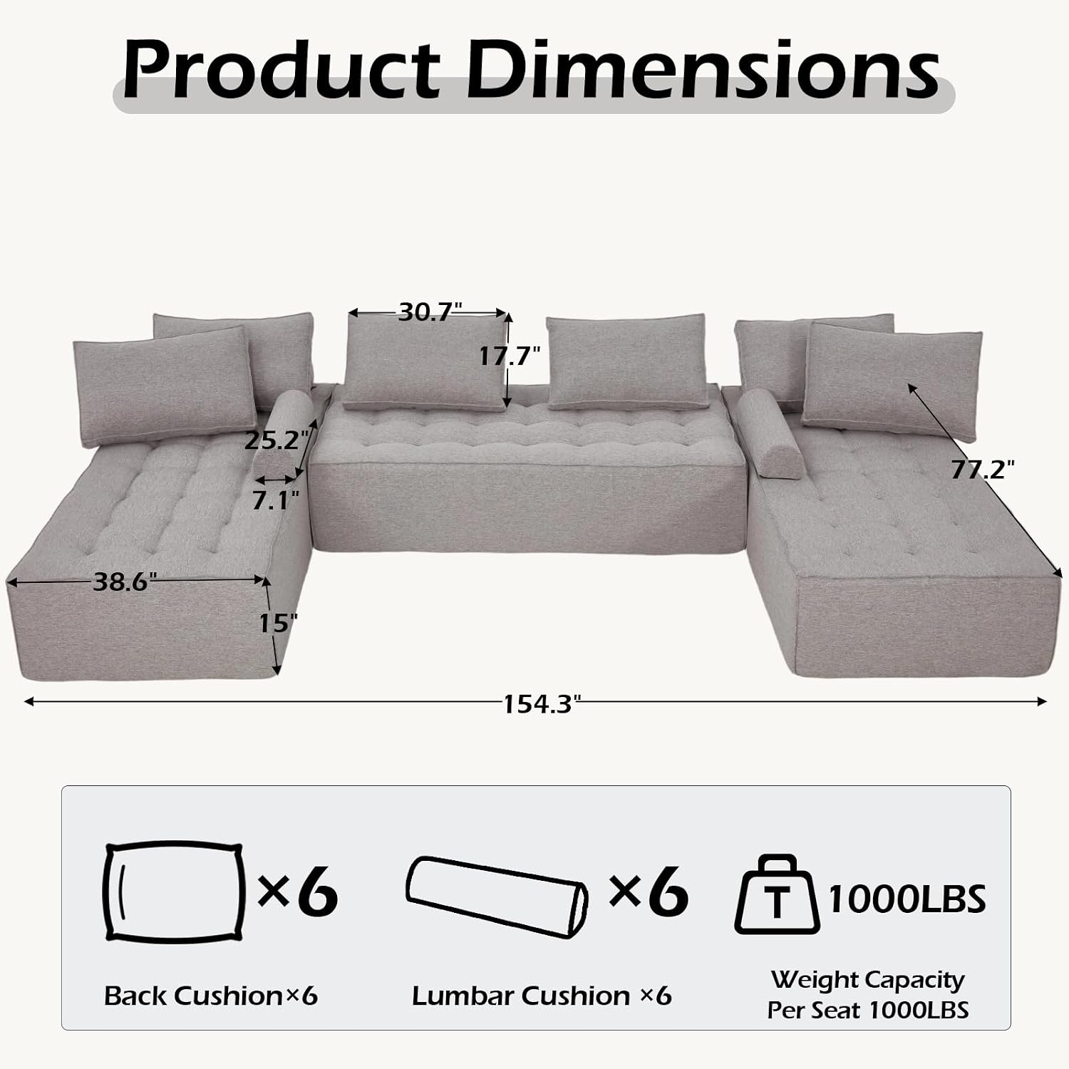 HOMREST 155” Large Modular Sectional Sofa, U Shaped Modular Couch, Deep Seat Cloud Sectional Sofa, Boneless Foam Sectional, Low Profile No Assembly Sofa for Living Room & Family Room (Grey)