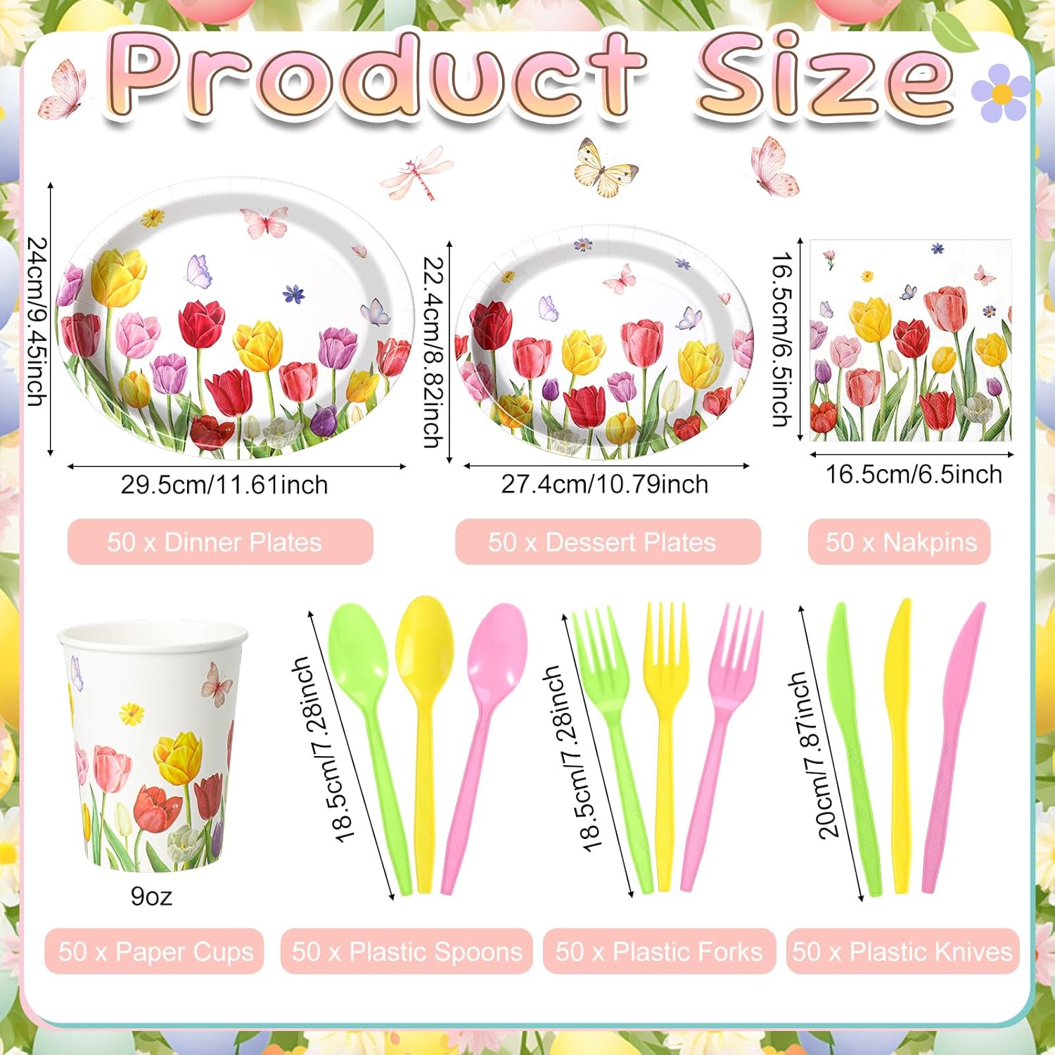 Havawish 350 Pcs Spring Floral Party Supplies Tulip Disposable Tableware Set Wild Flowers Butterflies Oval Paper Plates Cups Napkins Fork Knife Spoon Dinnerware for 50 Guests Spring Table Decorations