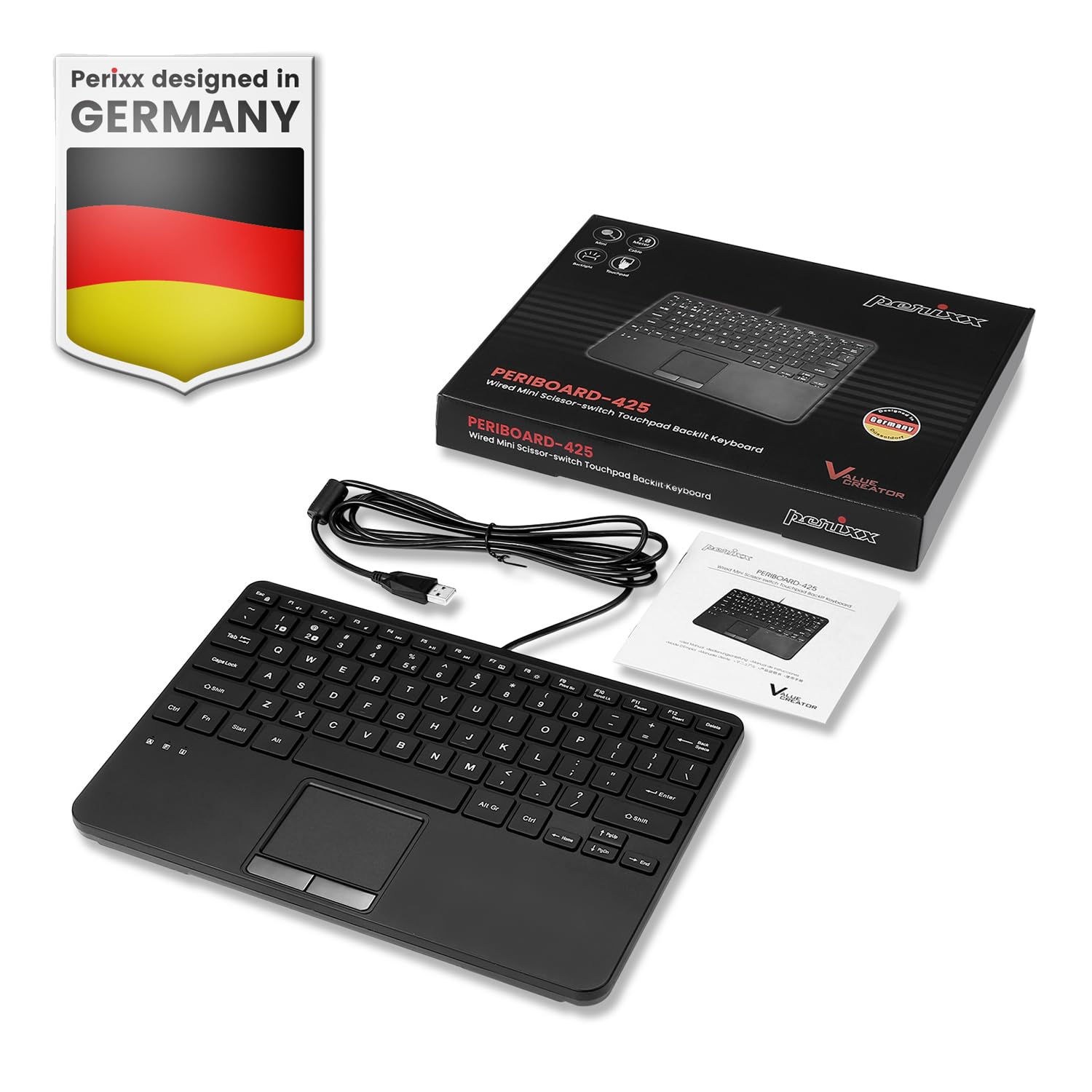 Perixx PERIBOARD-425 przewodowa klawiatura mini USB z touchpadem, przyciski nożycowe typu X, białe podświetlenie, 2 koncentratory USB, kompaktowa, układ QWERTY